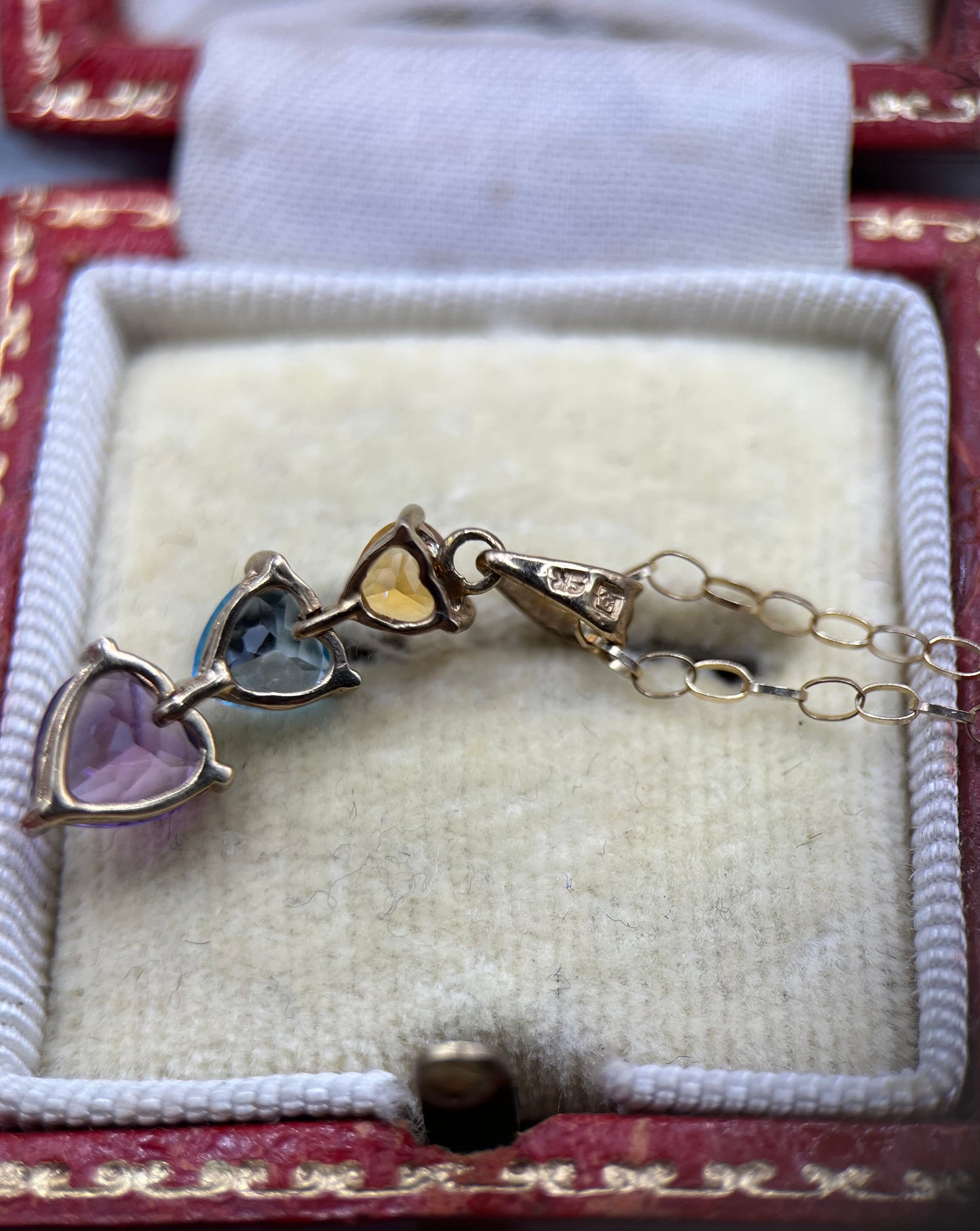 9ct Gold Heart Citrine, Topaz, and Amethyst Trilogy Pendant Necklace