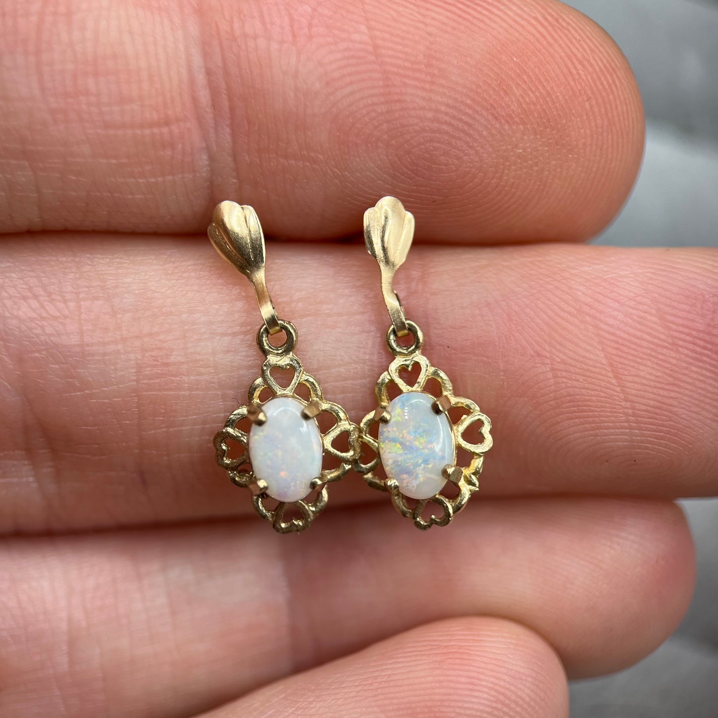 Vintage 9ct Gold Opal Drop Earrings with Heart Piercings