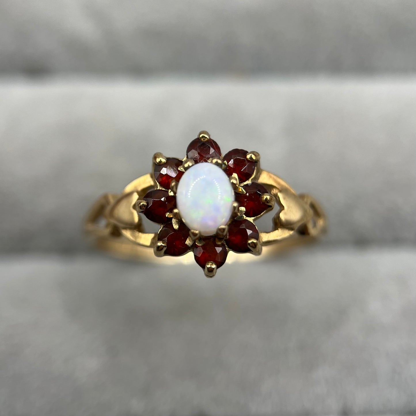 1970s Vintage 9ct Gold Opal & Garnet Cluster Ring