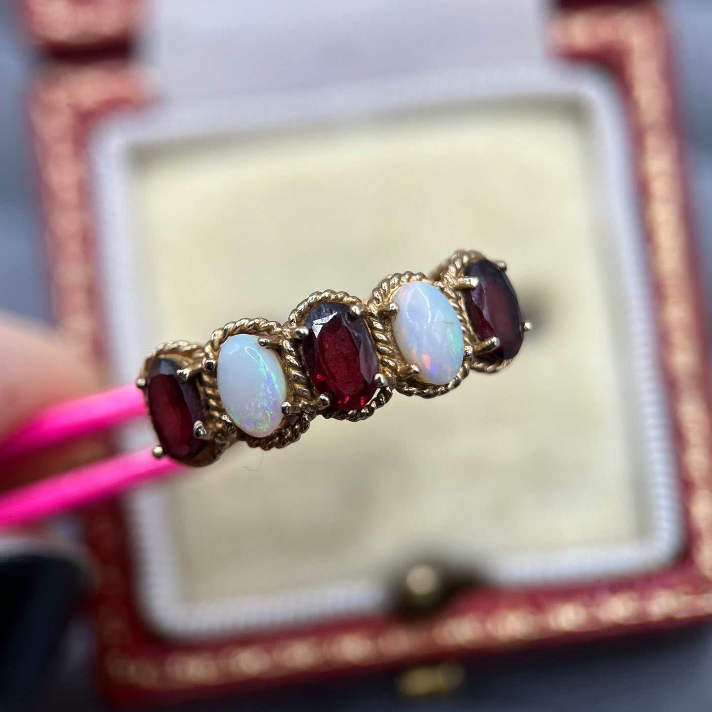 1970s Vintage 9ct Gold Opal & Garnet Five-Stone Ring