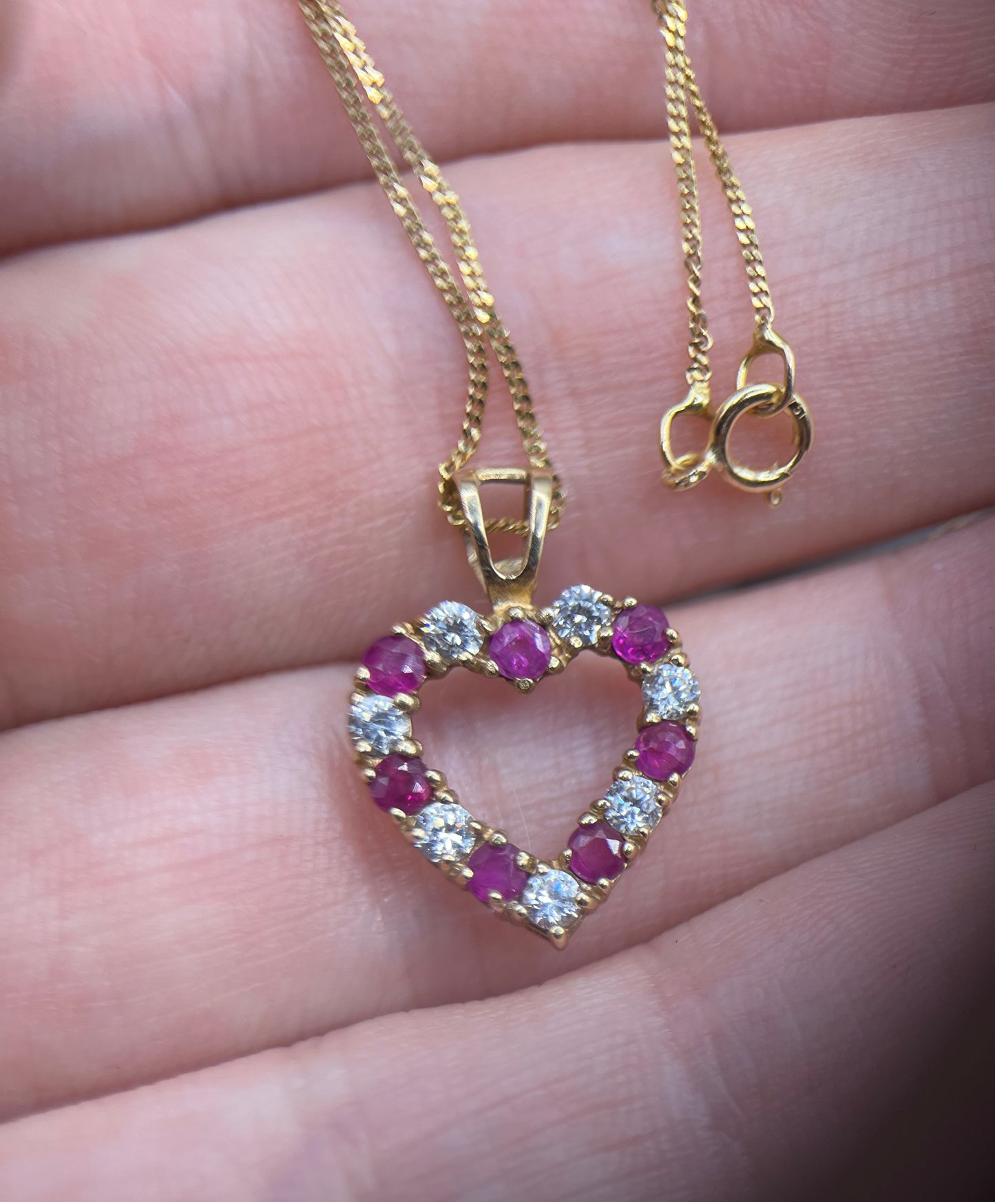 Vintage 9ct Gold Ruby & CZ Heart Pendant Necklace