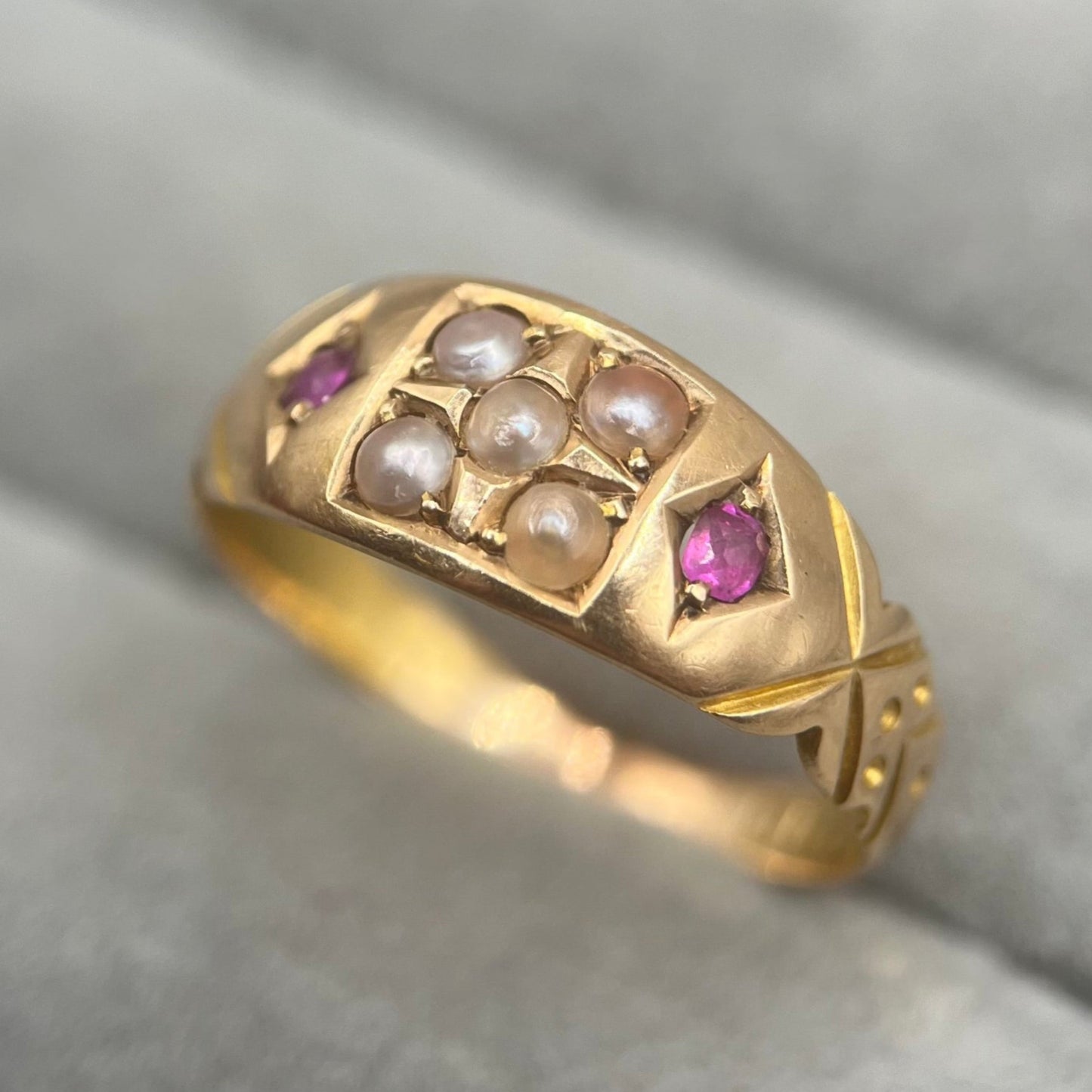 Antique Victorian 15ct Gold Ruby & Pearl Gypsy Ring
