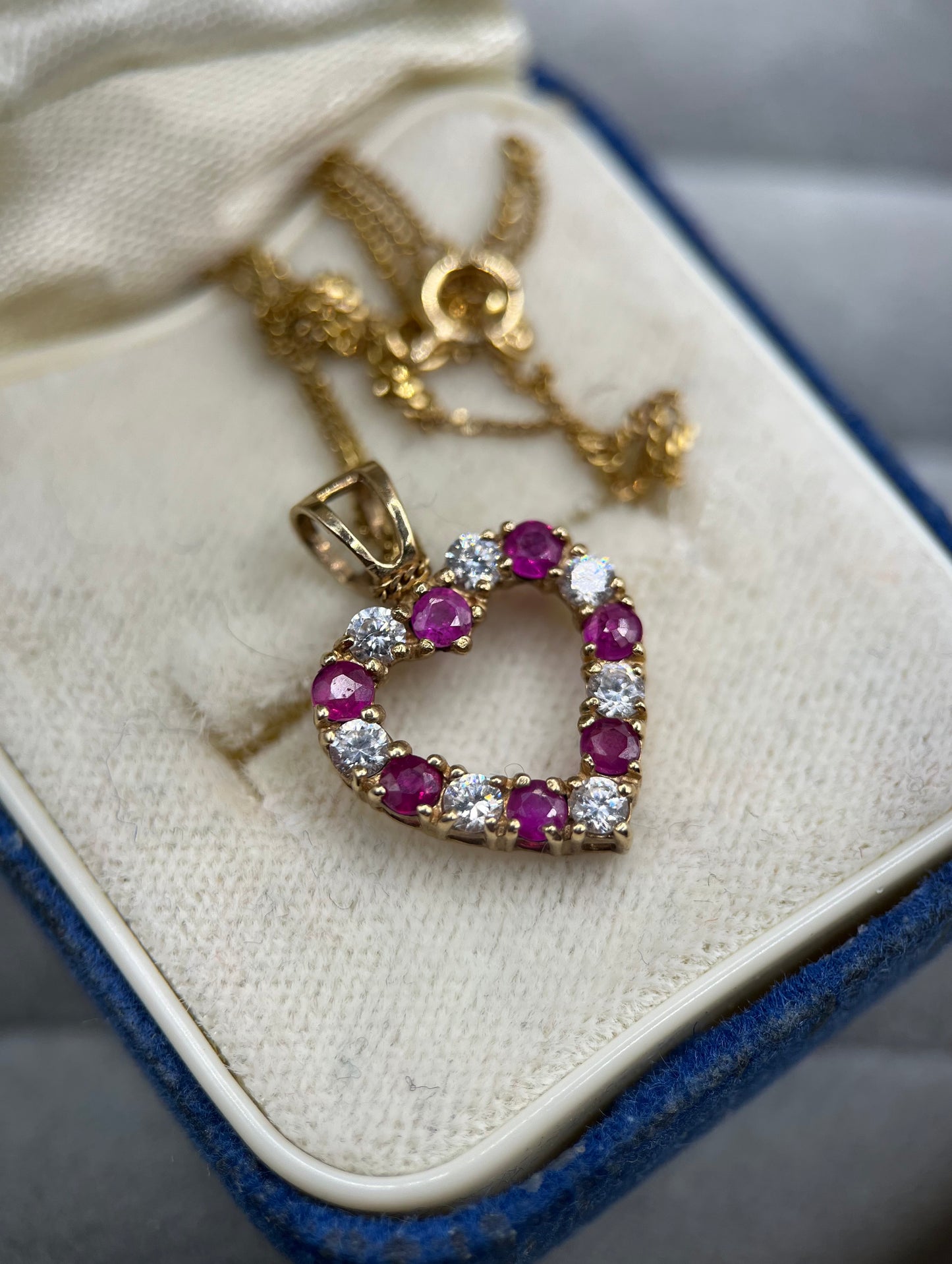Vintage 9ct Gold Ruby & CZ Heart Pendant Necklace