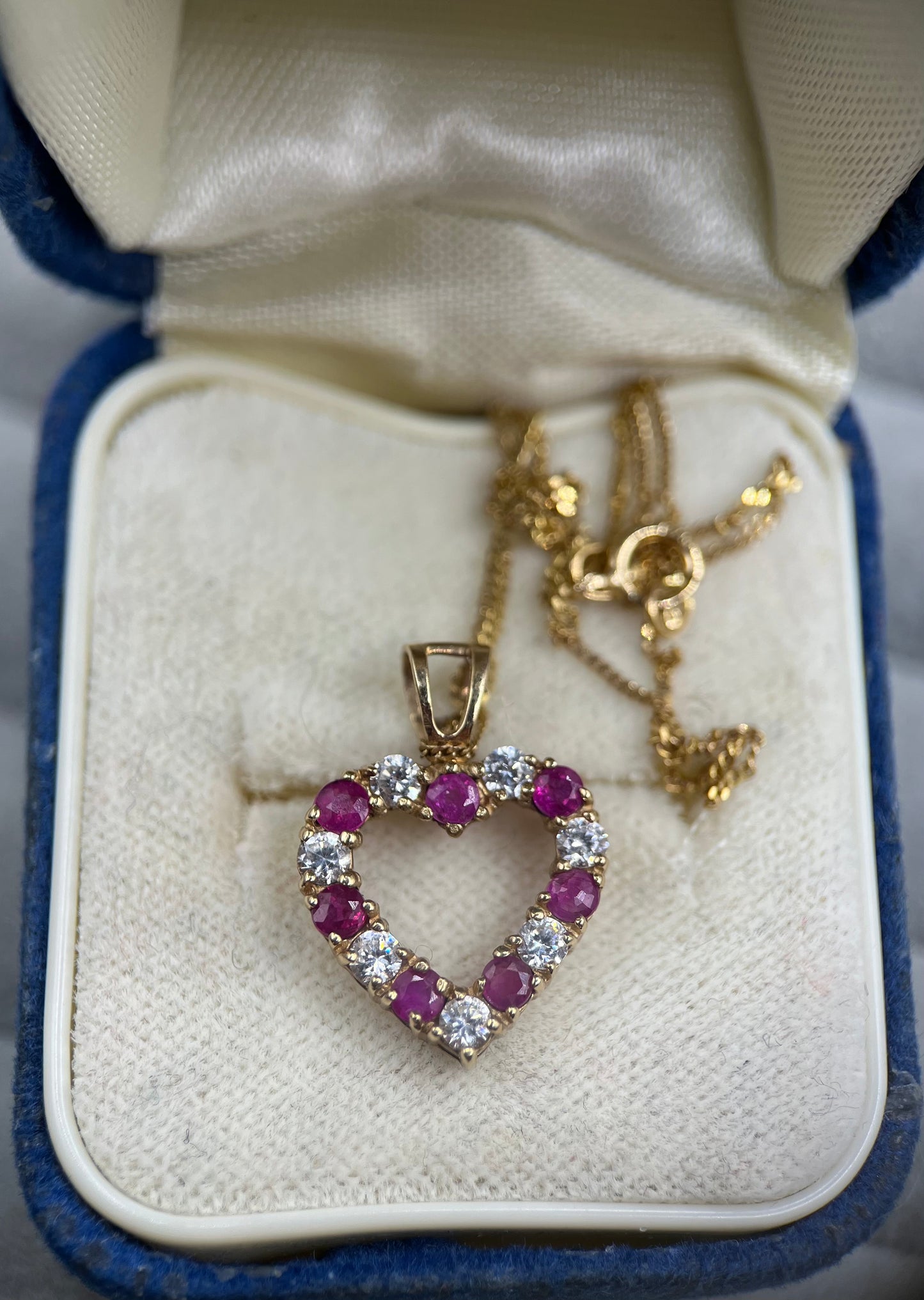 Vintage 9ct Gold Ruby & CZ Heart Pendant Necklace