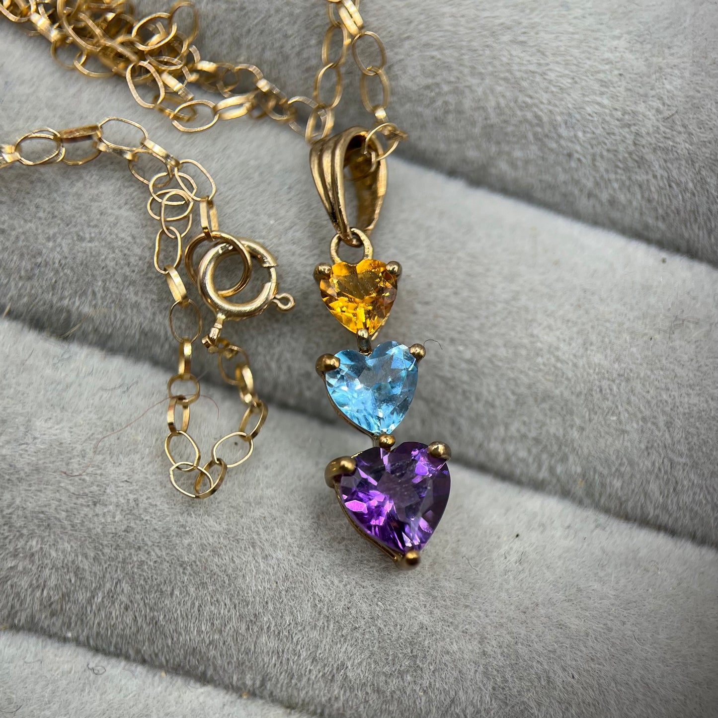 9ct Gold Heart Citrine, Topaz, and Amethyst Trilogy Pendant Necklace