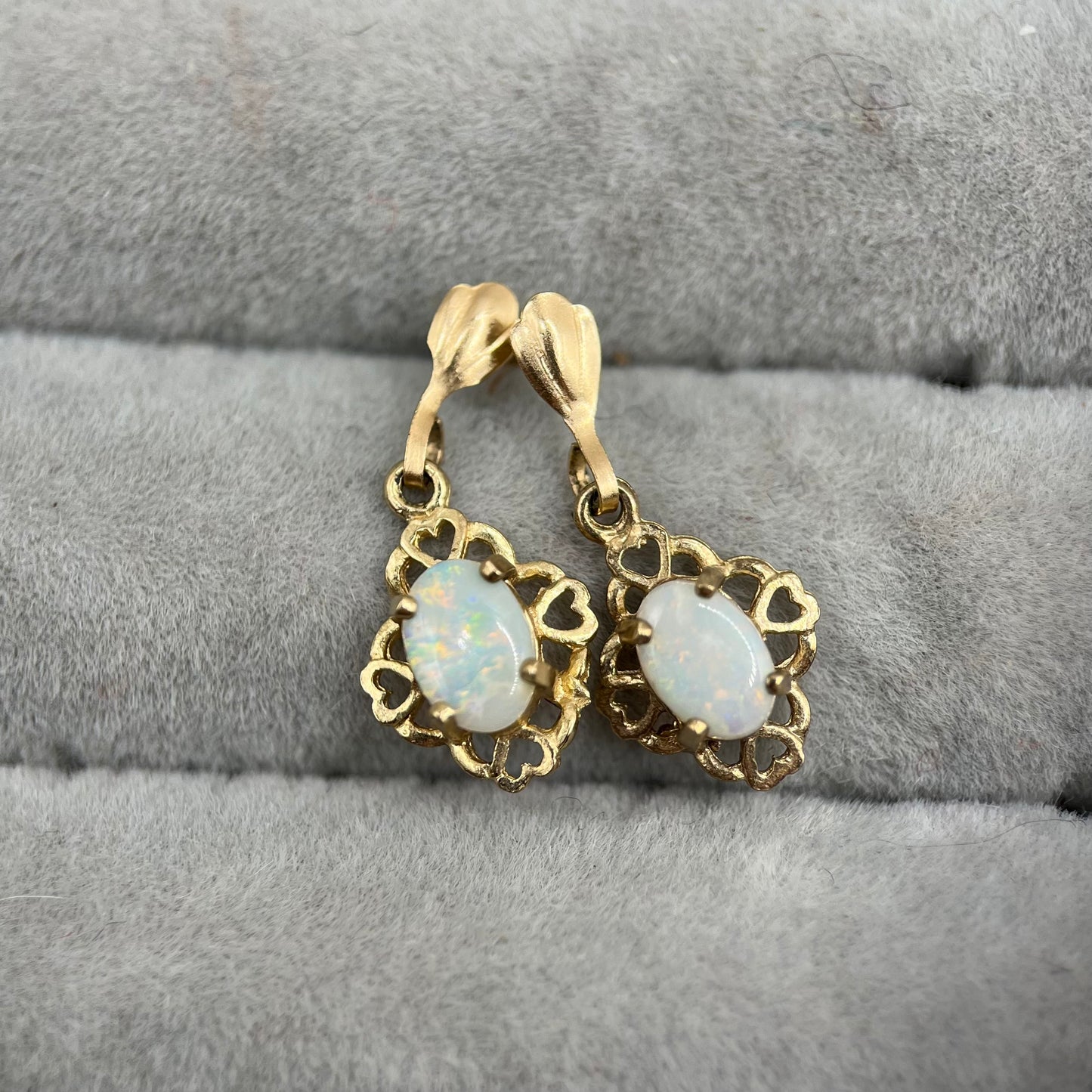 Vintage 9ct Gold Opal Drop Earrings with Heart Piercings