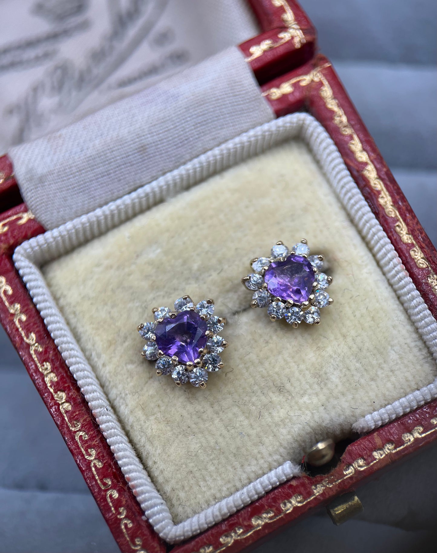 9ct Gold Amethyst & C/Z Heart Stud Cluster Earrings