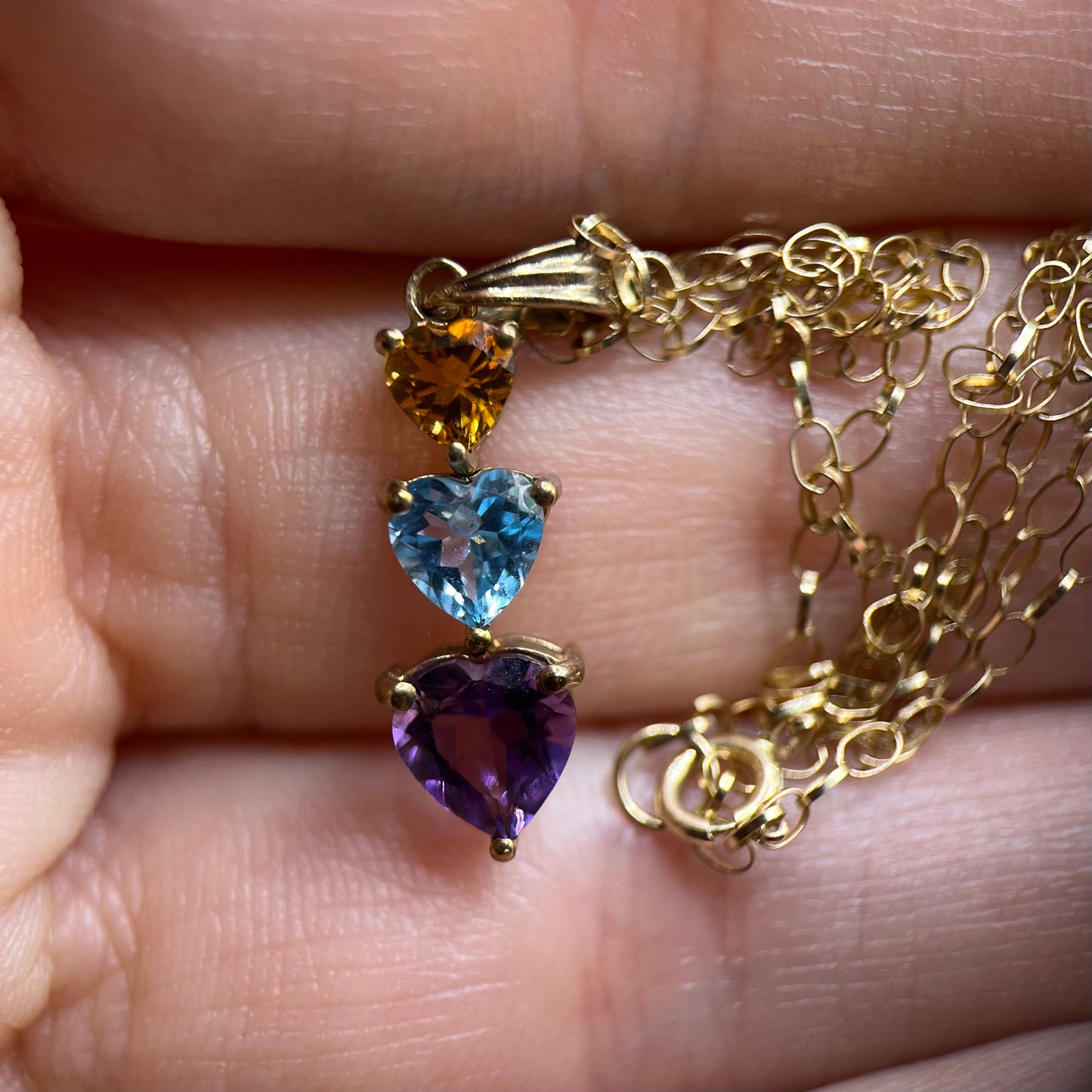 9ct Gold Heart Citrine, Topaz, and Amethyst Trilogy Pendant Necklace