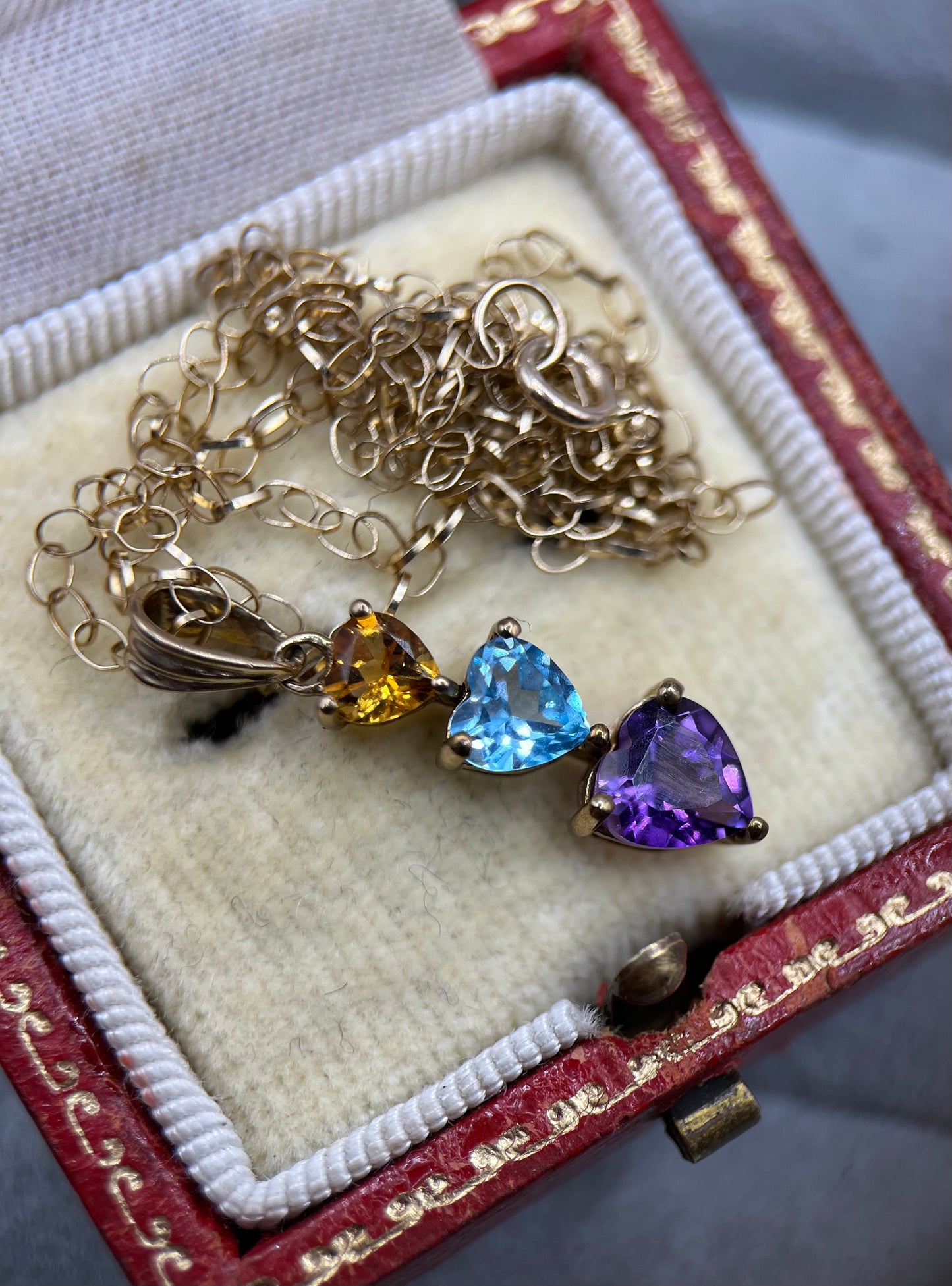 9ct Gold Heart Citrine, Topaz, and Amethyst Trilogy Pendant Necklace