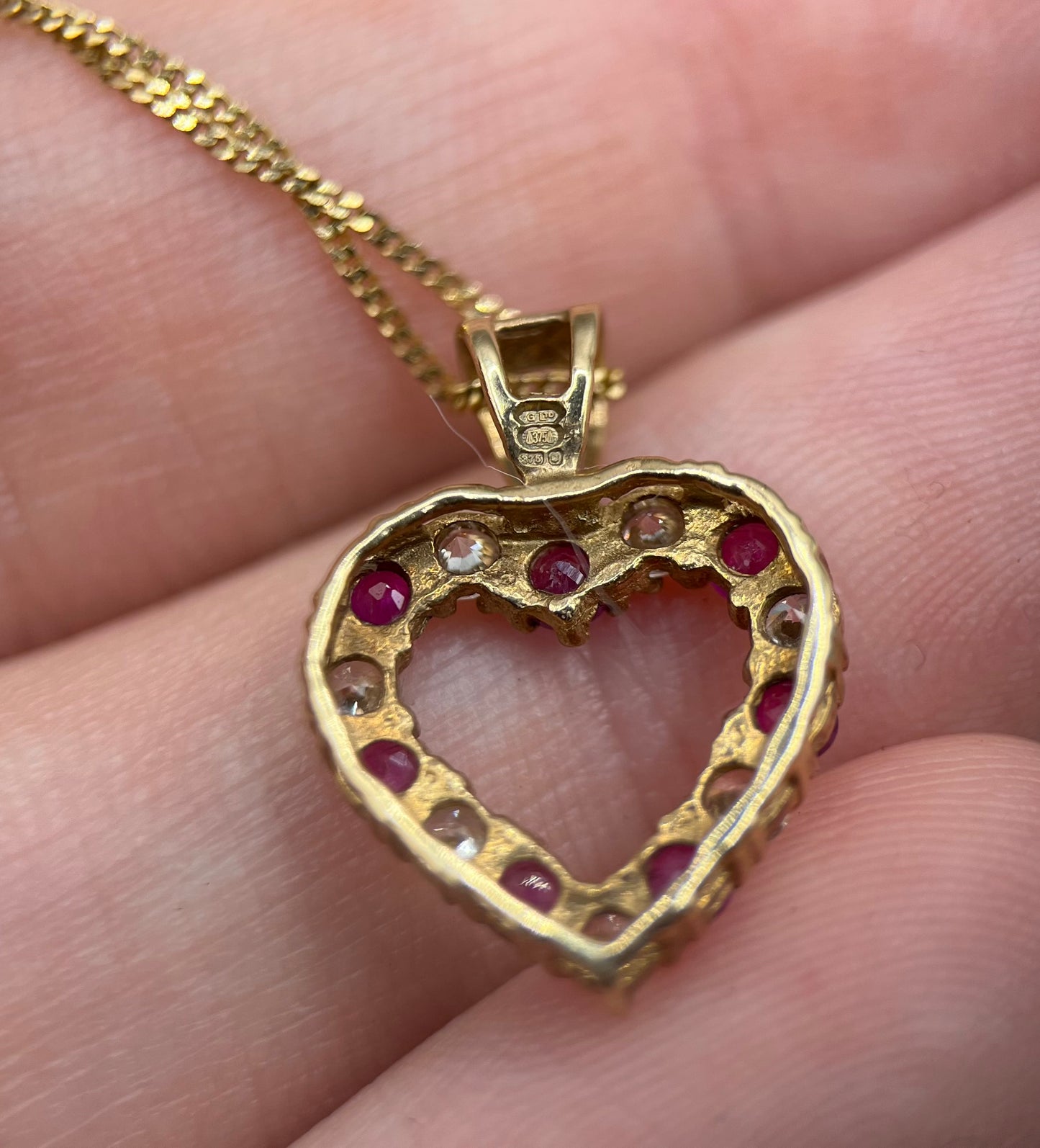 Vintage 9ct Gold Ruby & CZ Heart Pendant Necklace