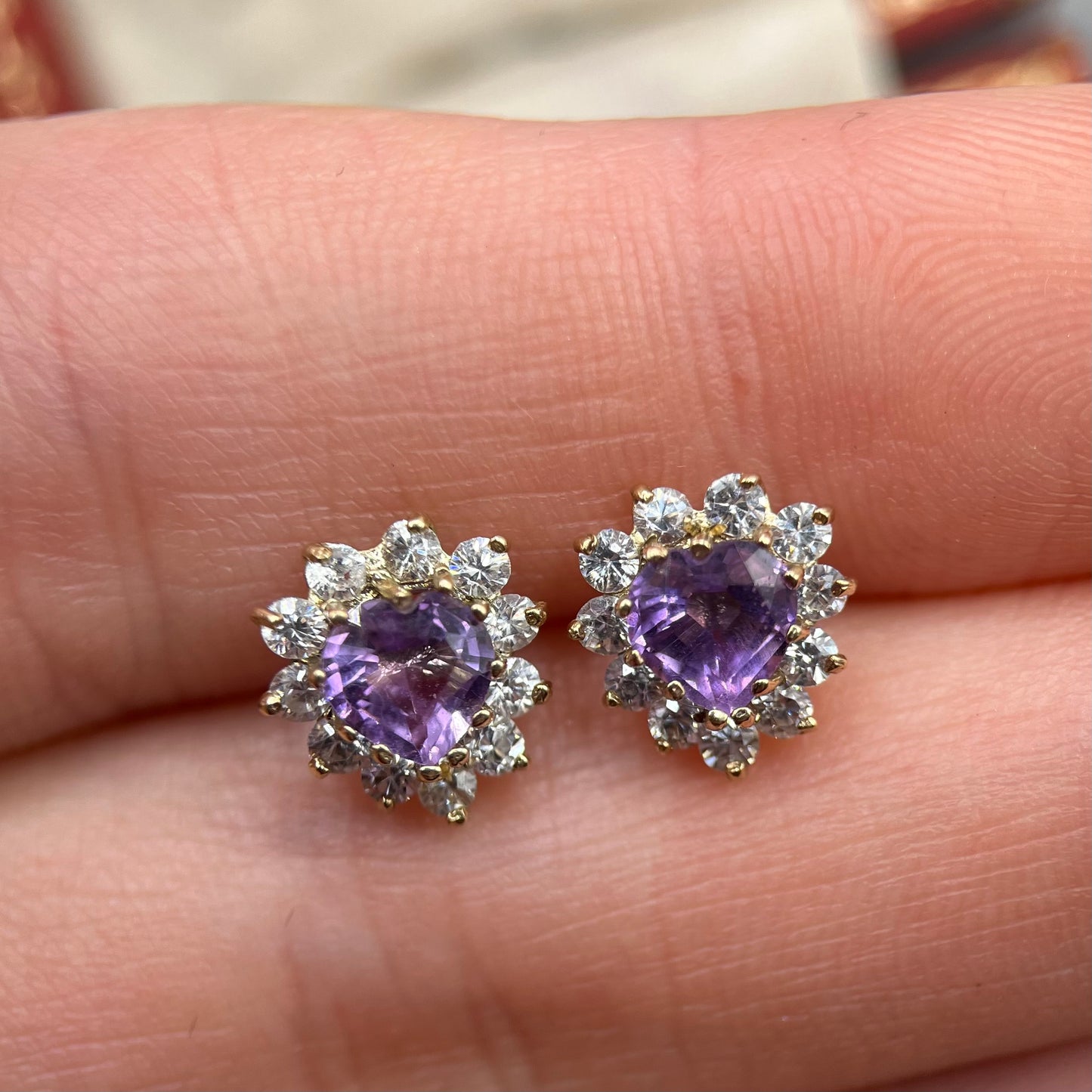 9ct Gold Amethyst & C/Z Heart Stud Cluster Earrings
