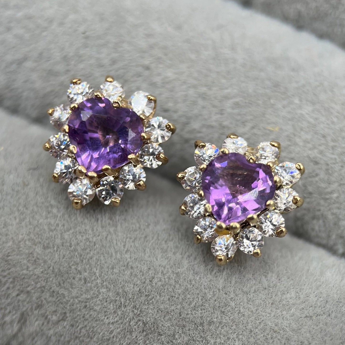 9ct Gold Amethyst & C/Z Heart Stud Cluster Earrings