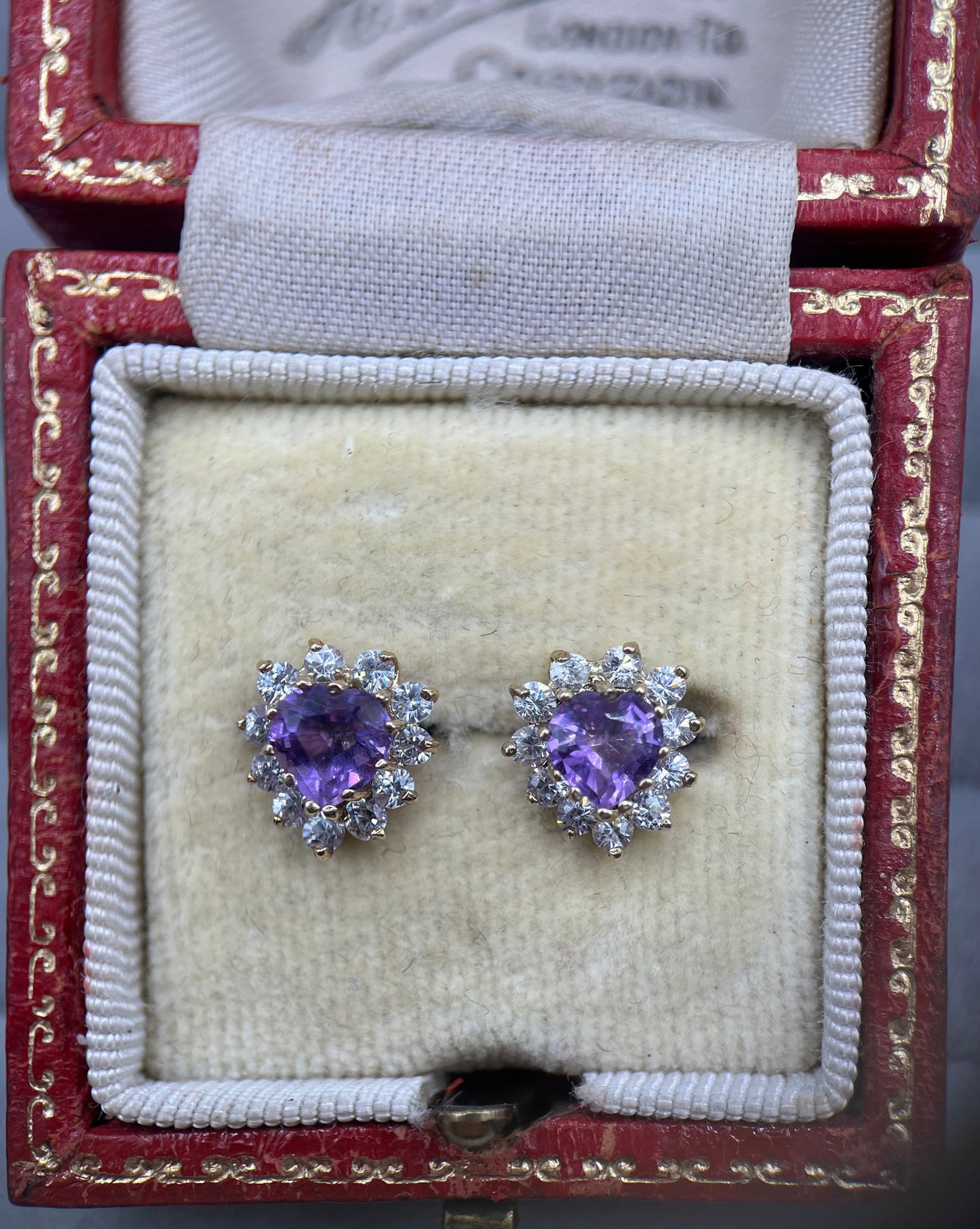 9ct Gold Amethyst & C/Z Heart Stud Cluster Earrings