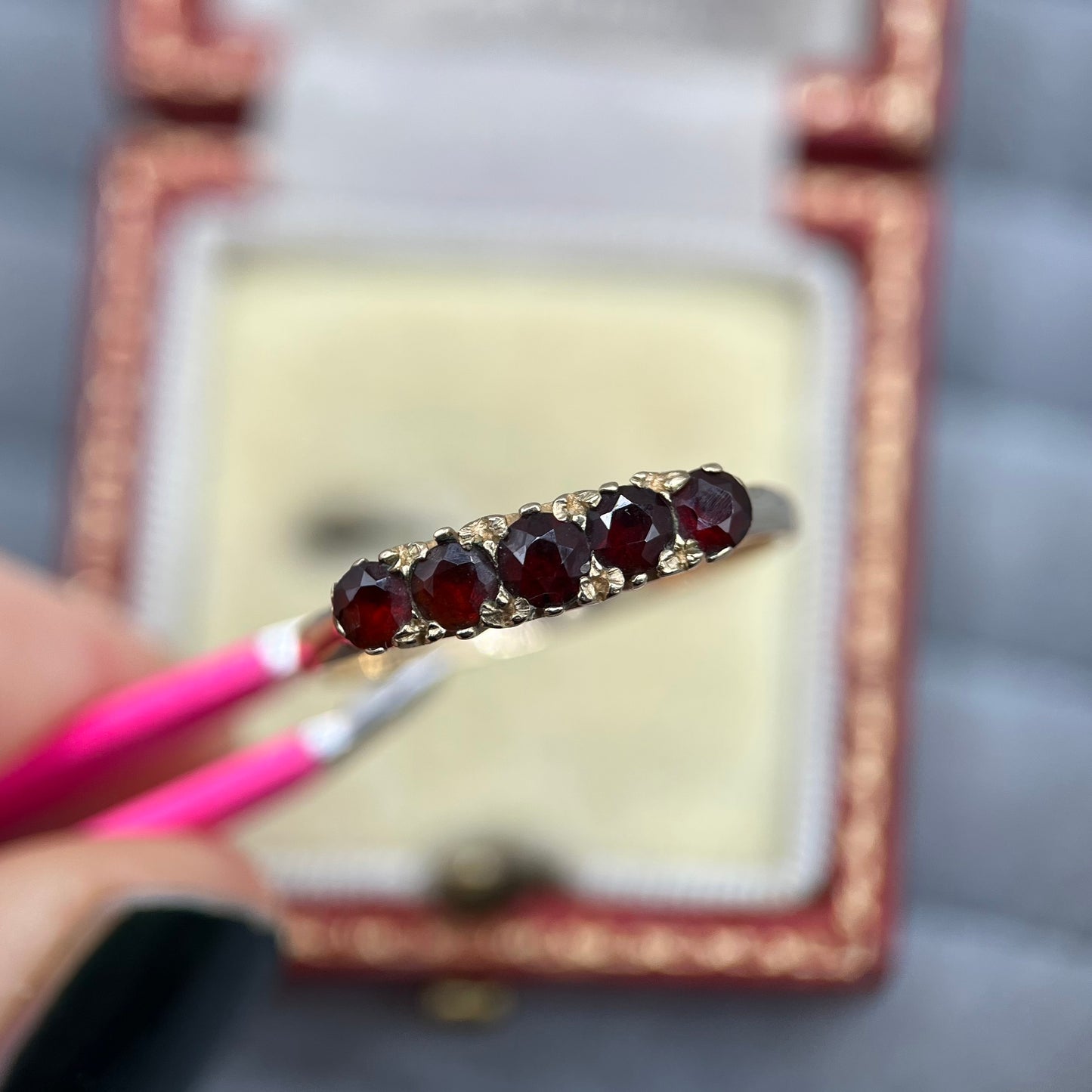 1980s Vintage 9ct Gold Garnet Five-Stone Ring
