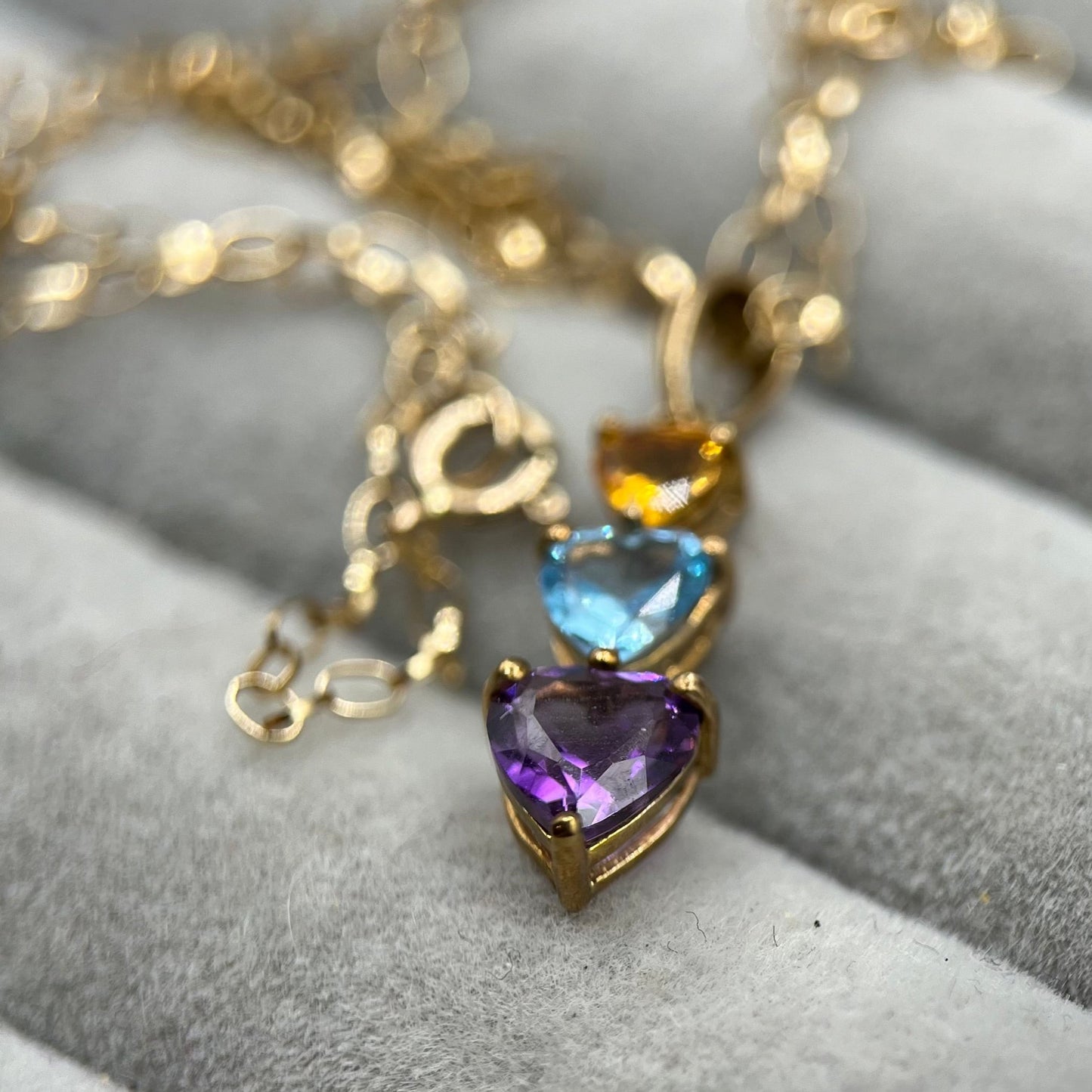 9ct Gold Heart Citrine, Topaz, and Amethyst Trilogy Pendant Necklace
