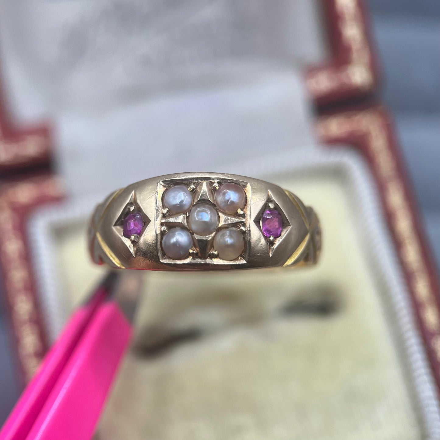 Antique Victorian 15ct Gold Ruby & Pearl Gypsy Ring