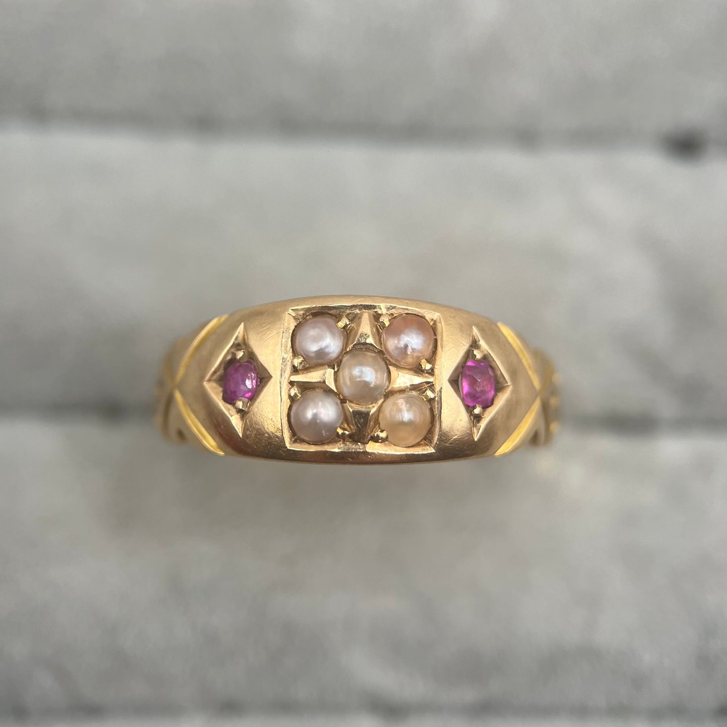 Antique Victorian 15ct Gold Ruby & Pearl Gypsy Ring