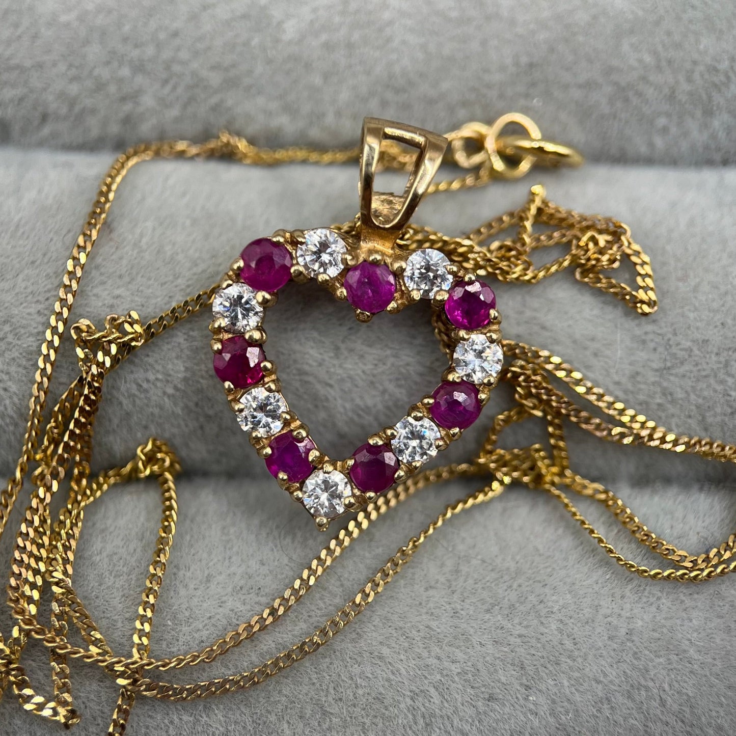 Vintage 9ct Gold Ruby & CZ Heart Pendant Necklace