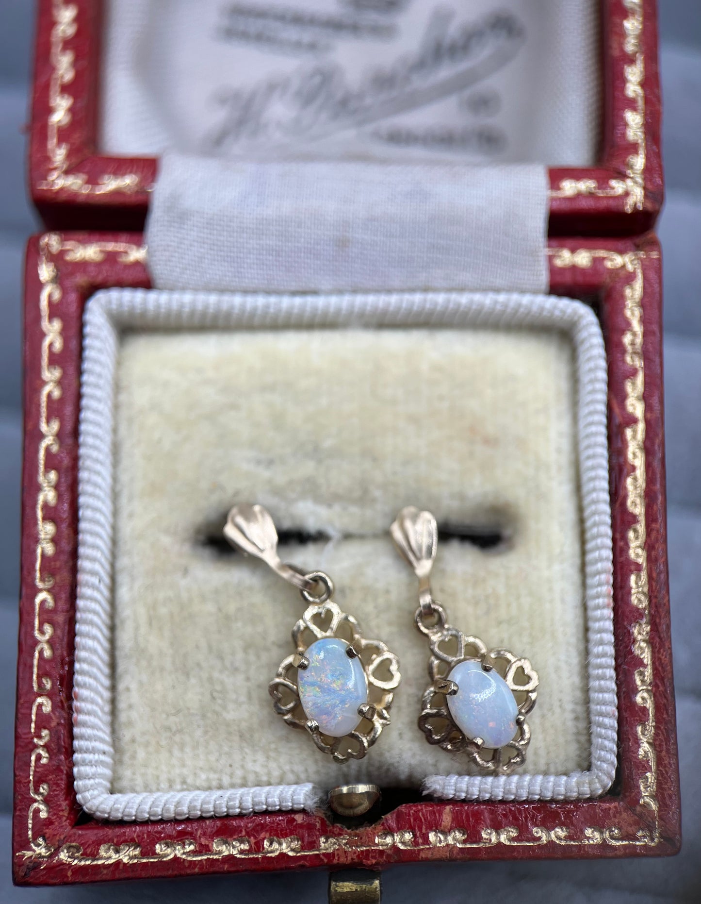 Vintage 9ct Gold Opal Drop Earrings with Heart Piercings
