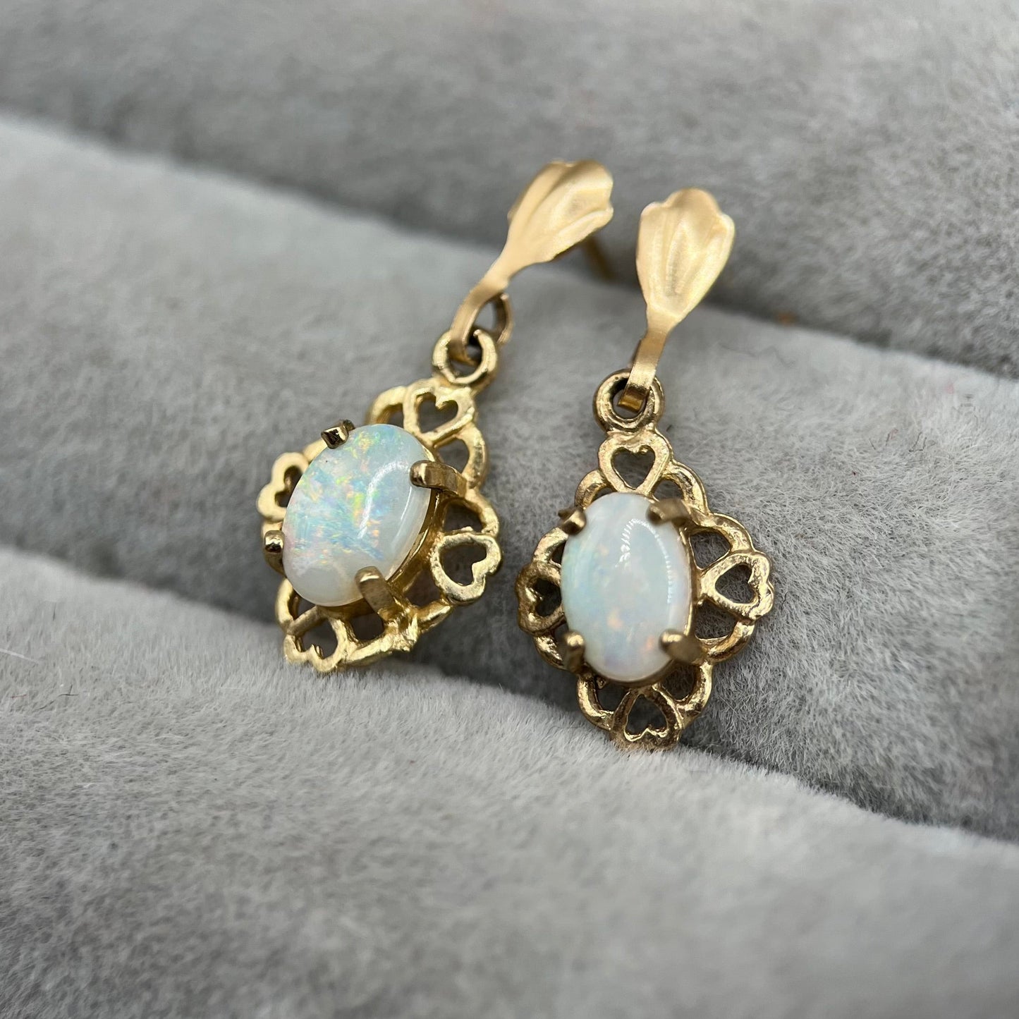 Vintage 9ct Gold Opal Drop Earrings with Heart Piercings