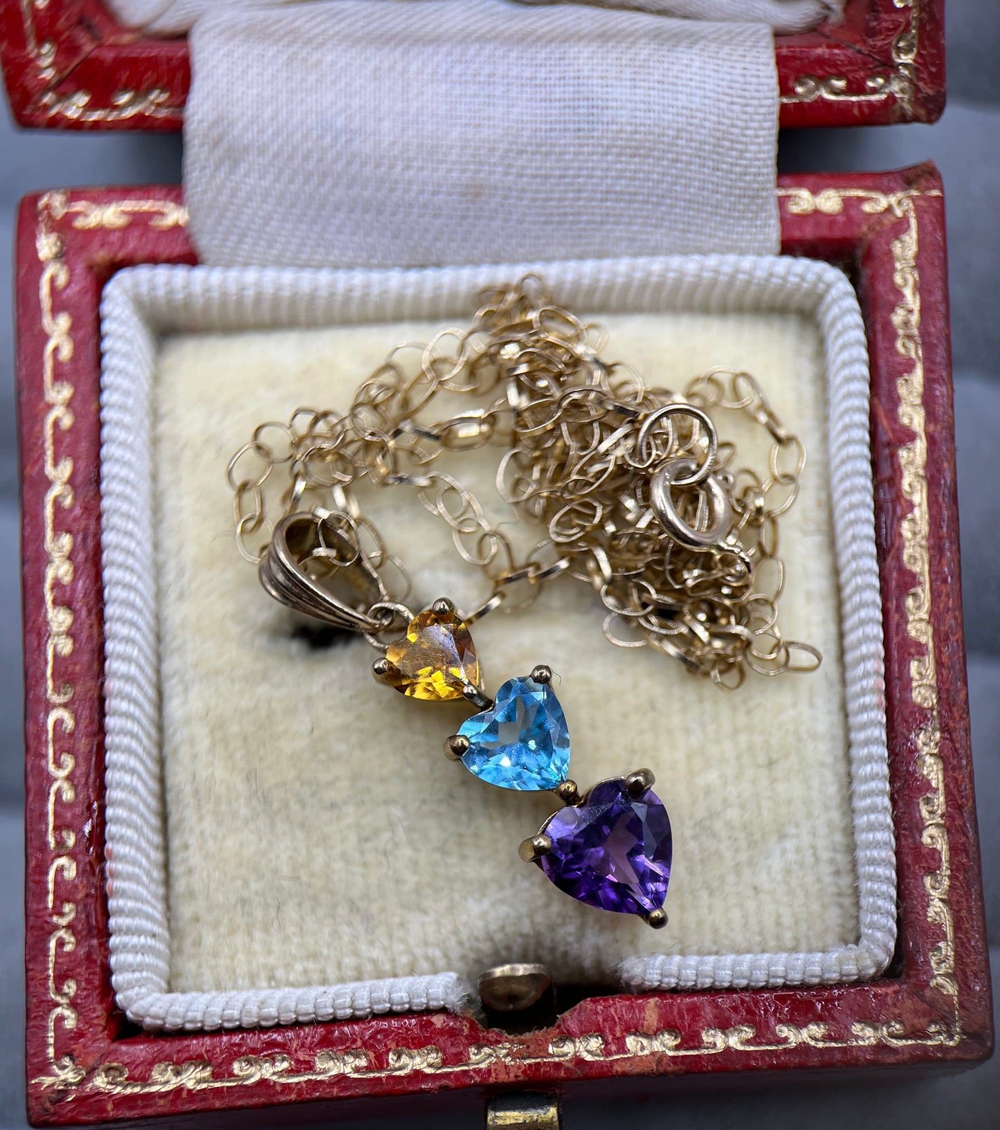 9ct Gold Heart Citrine, Topaz, and Amethyst Trilogy Pendant Necklace