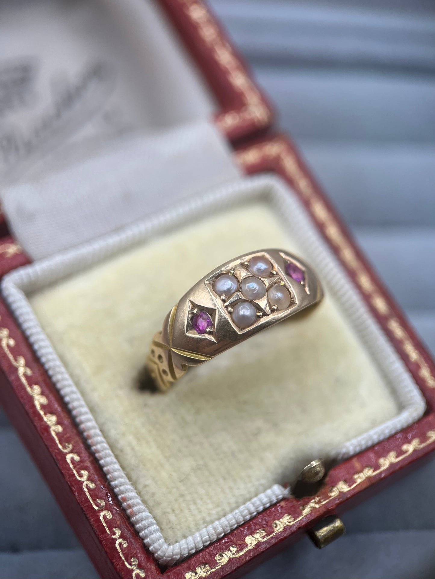 Antique Victorian 15ct Gold Ruby & Pearl Gypsy Ring