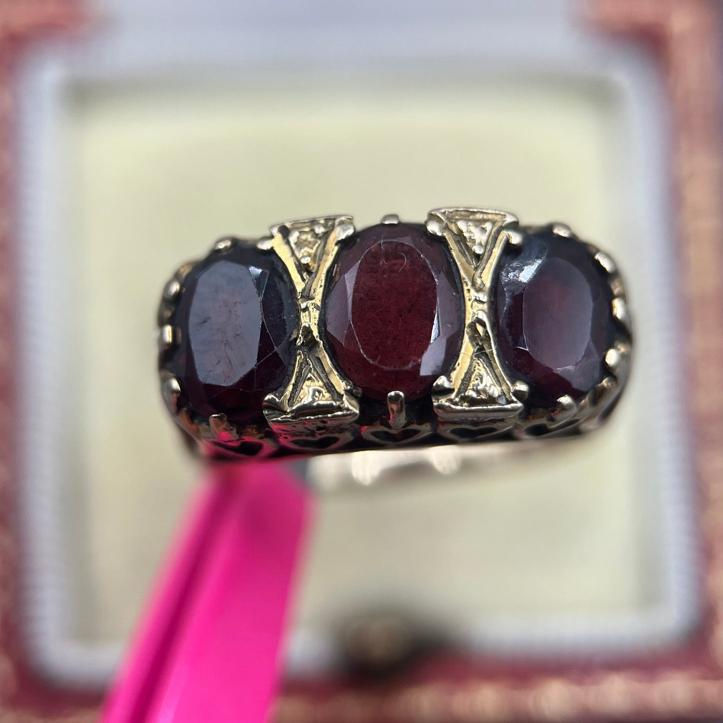 Chunky 1970s Vintage 9ct Gold Garnet Trilogy Ring