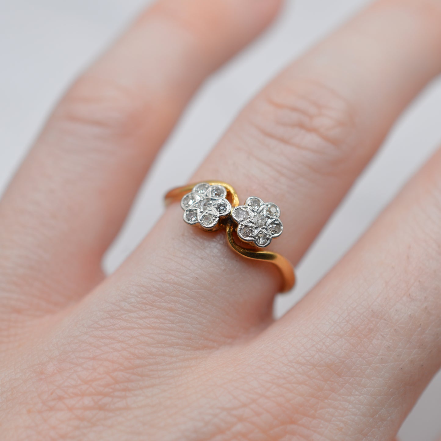 Antique Edwardian 18ct Gold & Platinum Double Diamond Cluster Ring