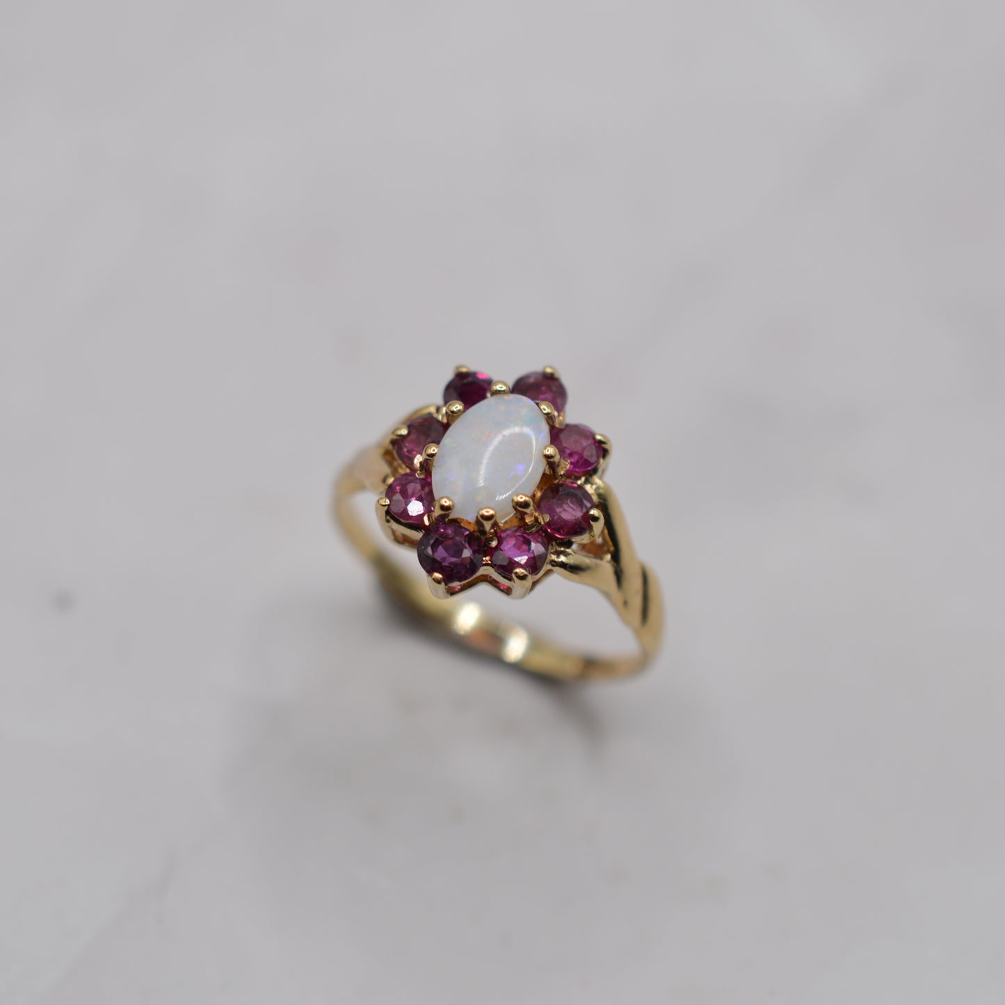 1980s Vintage 9ct Gold Opal & Ruby Cluster Ring