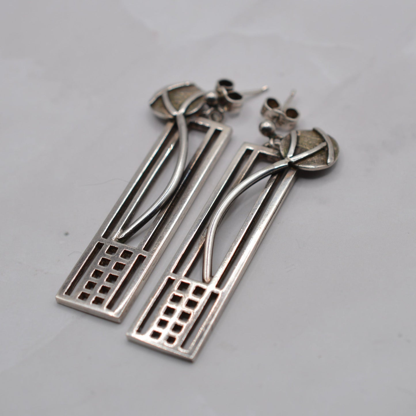 1990s Sterling Silver Large Rennie Mackintosh Style Drop Earrings