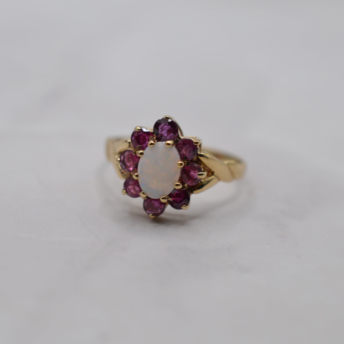 1980s Vintage 9ct Gold Opal & Ruby Cluster Ring