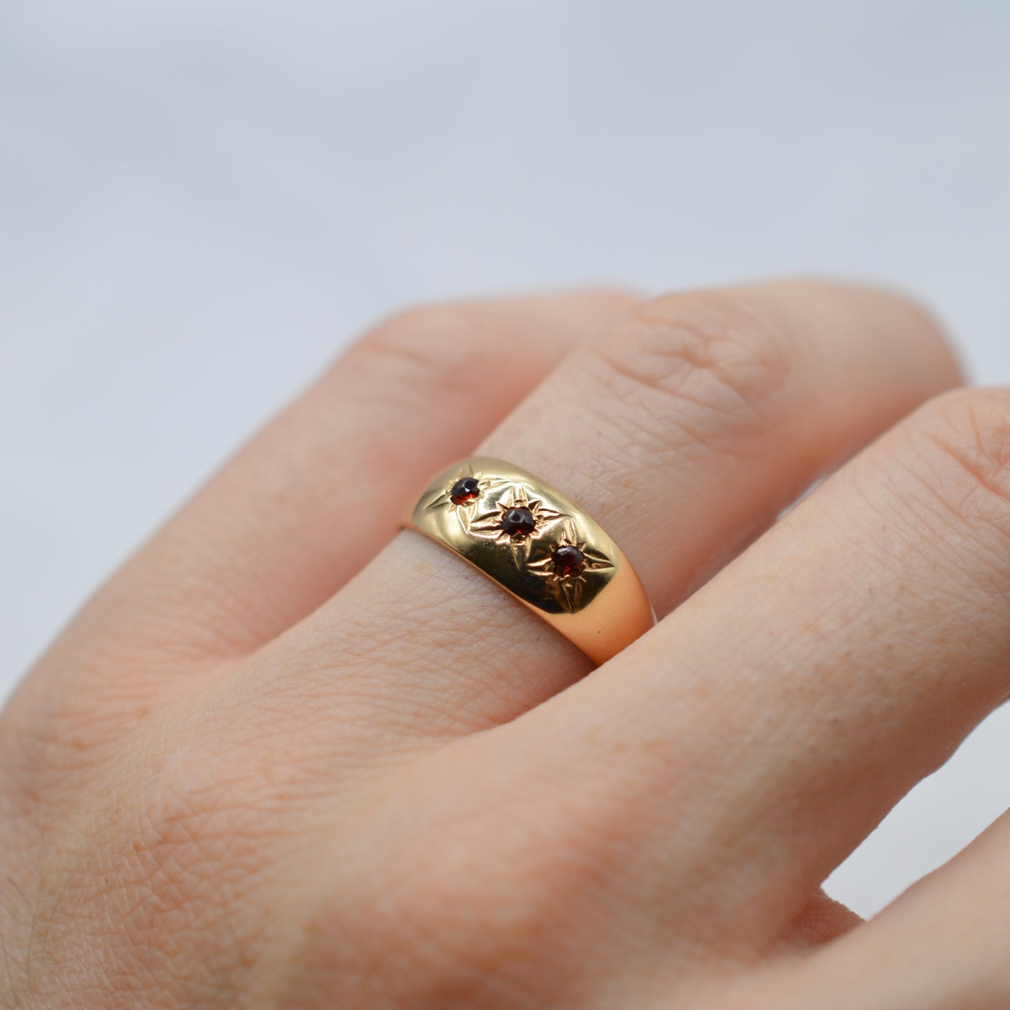 1970s Vintage 9ct Gold Garnet Trilogy Gypsy Ring