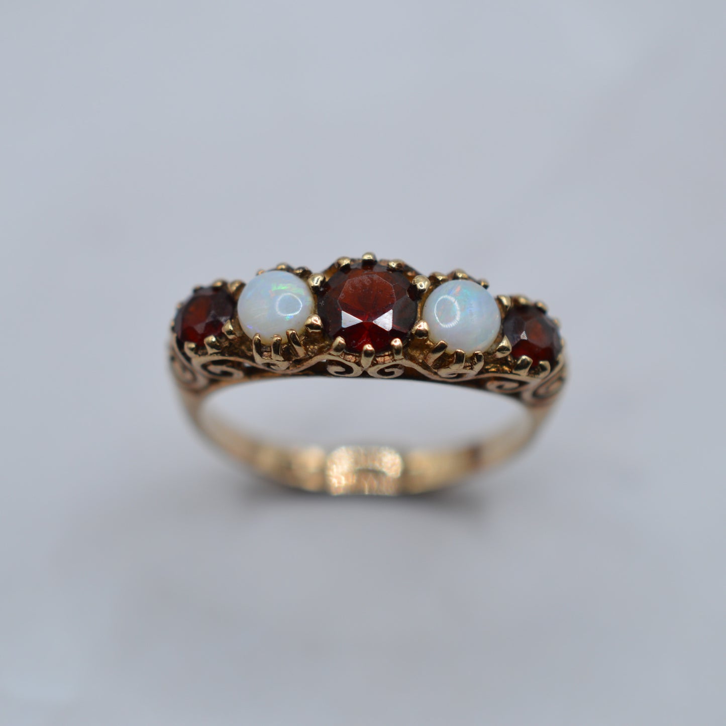 1990s 9ct Gold Opal & Garnet Five-Stone Ring