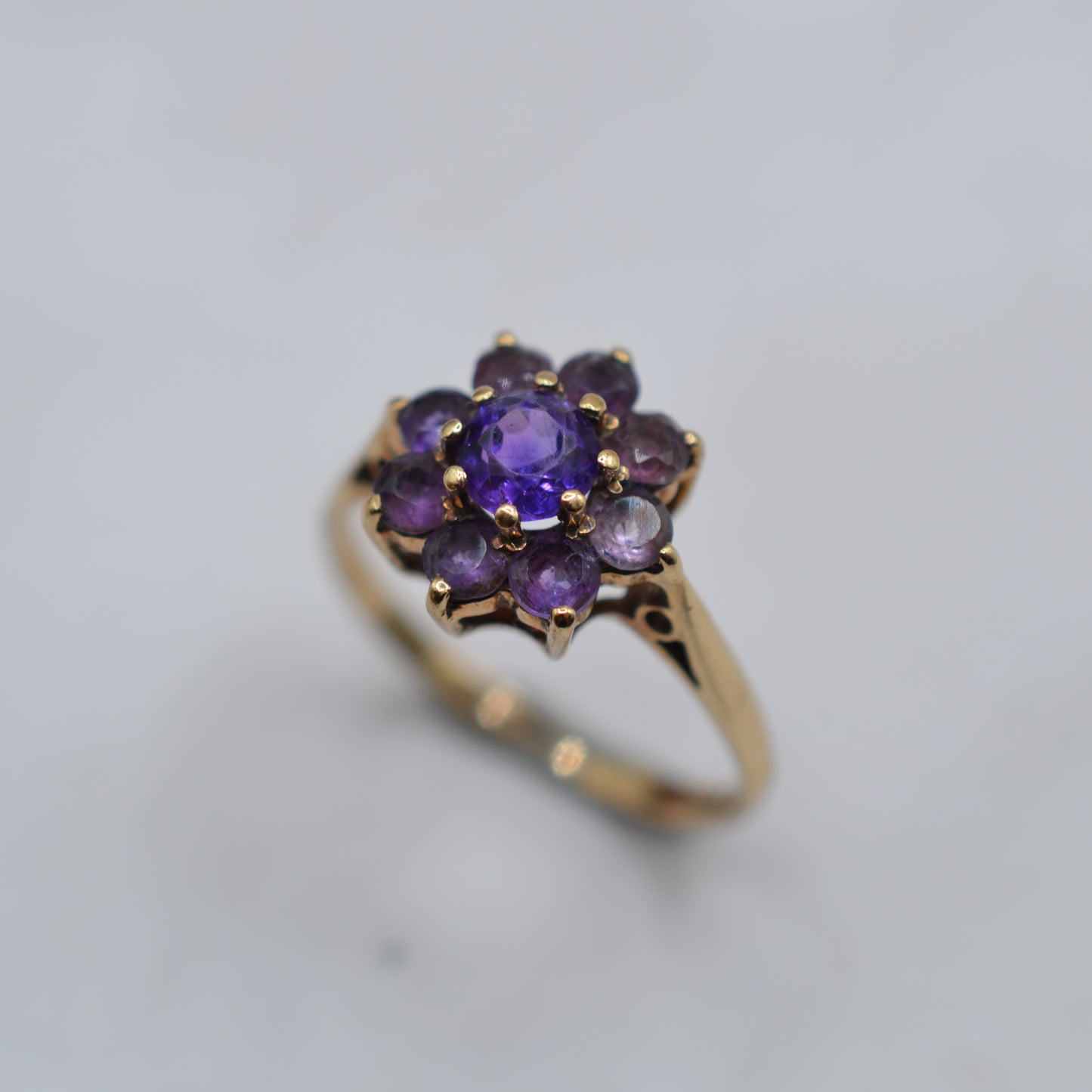1970s Vintage 9ct Gold Amethyst Floral Cluster Ring