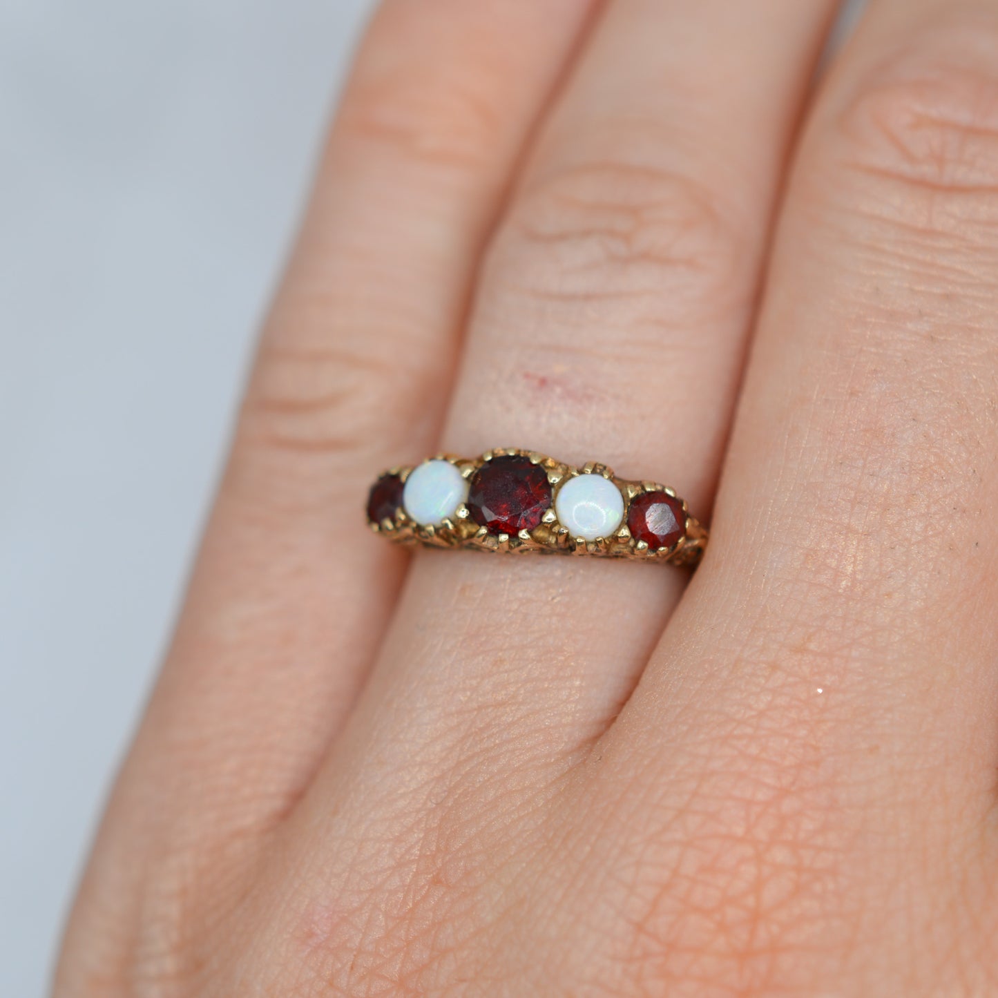 1990s 9ct Gold Opal & Garnet Five-Stone Ring