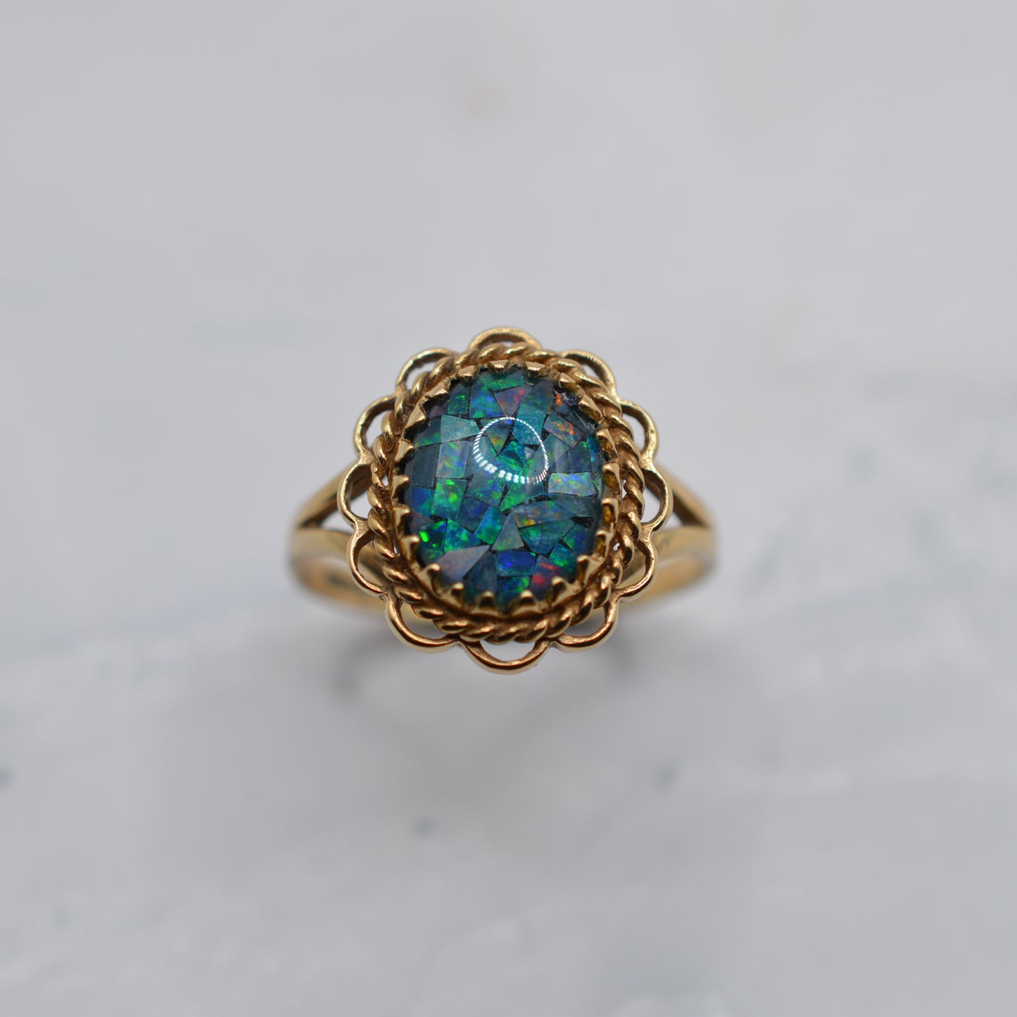 1990s Vintage 9ct Gold Mosaic Opal Ring