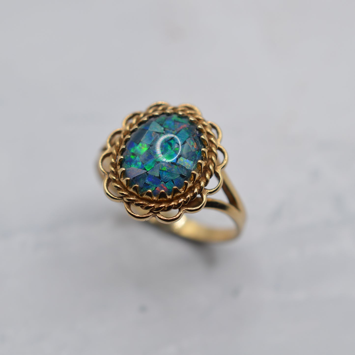 1990s Vintage 9ct Gold Mosaic Opal Ring