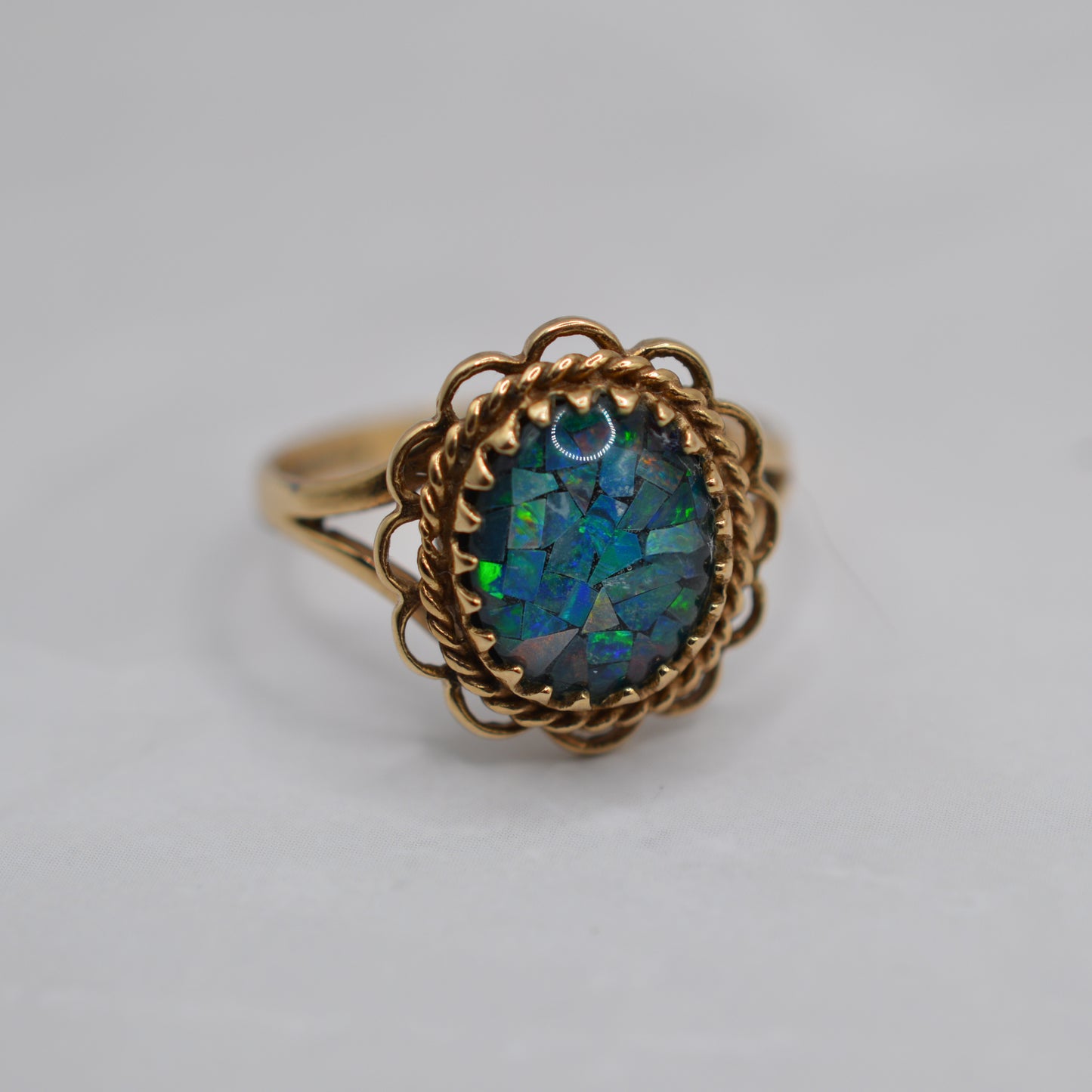1990s Vintage 9ct Gold Mosaic Opal Ring