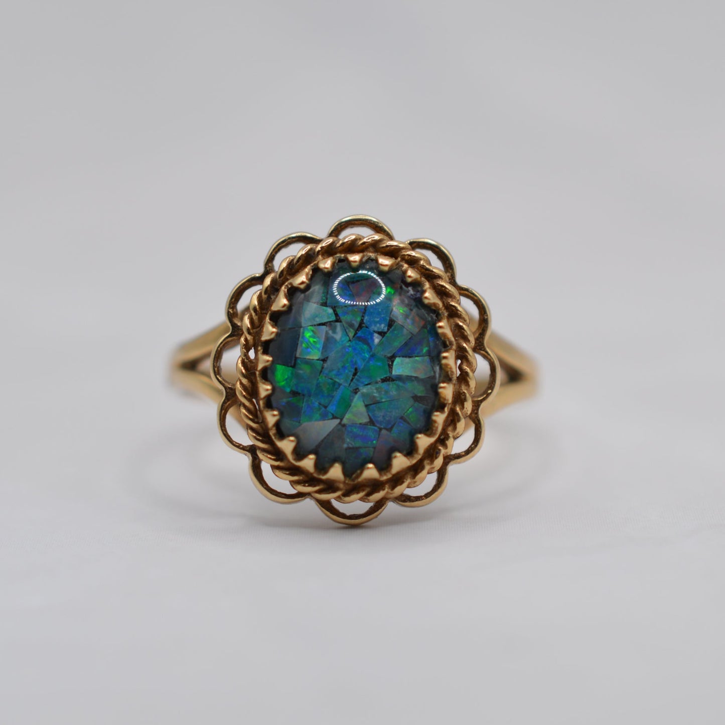 1990s Vintage 9ct Gold Mosaic Opal Ring