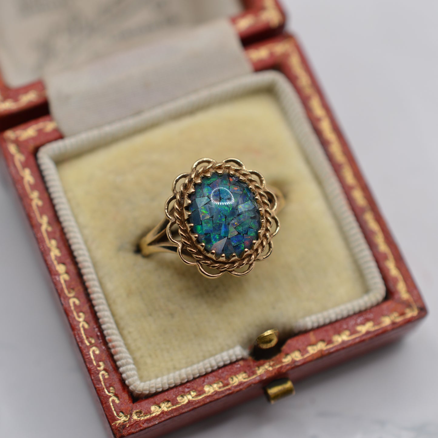 1990s Vintage 9ct Gold Mosaic Opal Ring