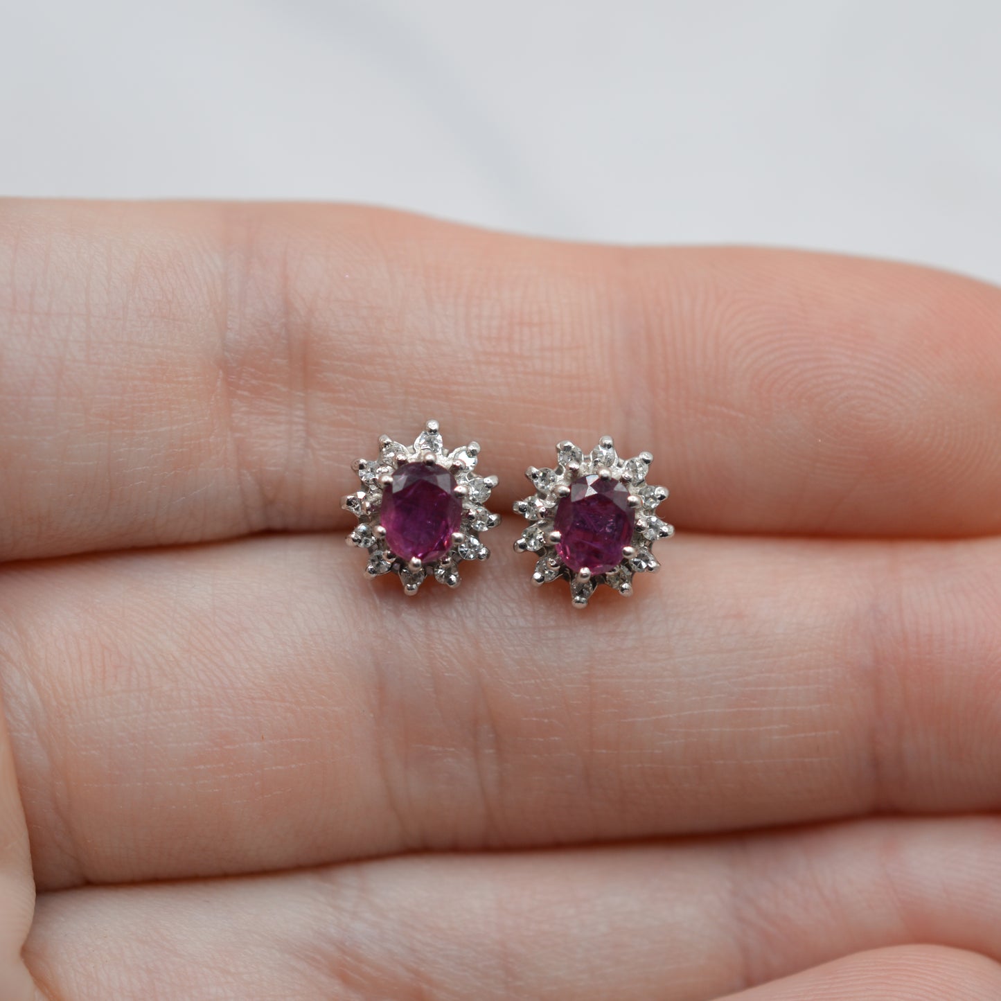 1980s 9ct White Gold Ruby & Diamond Cluster Stud Earrings