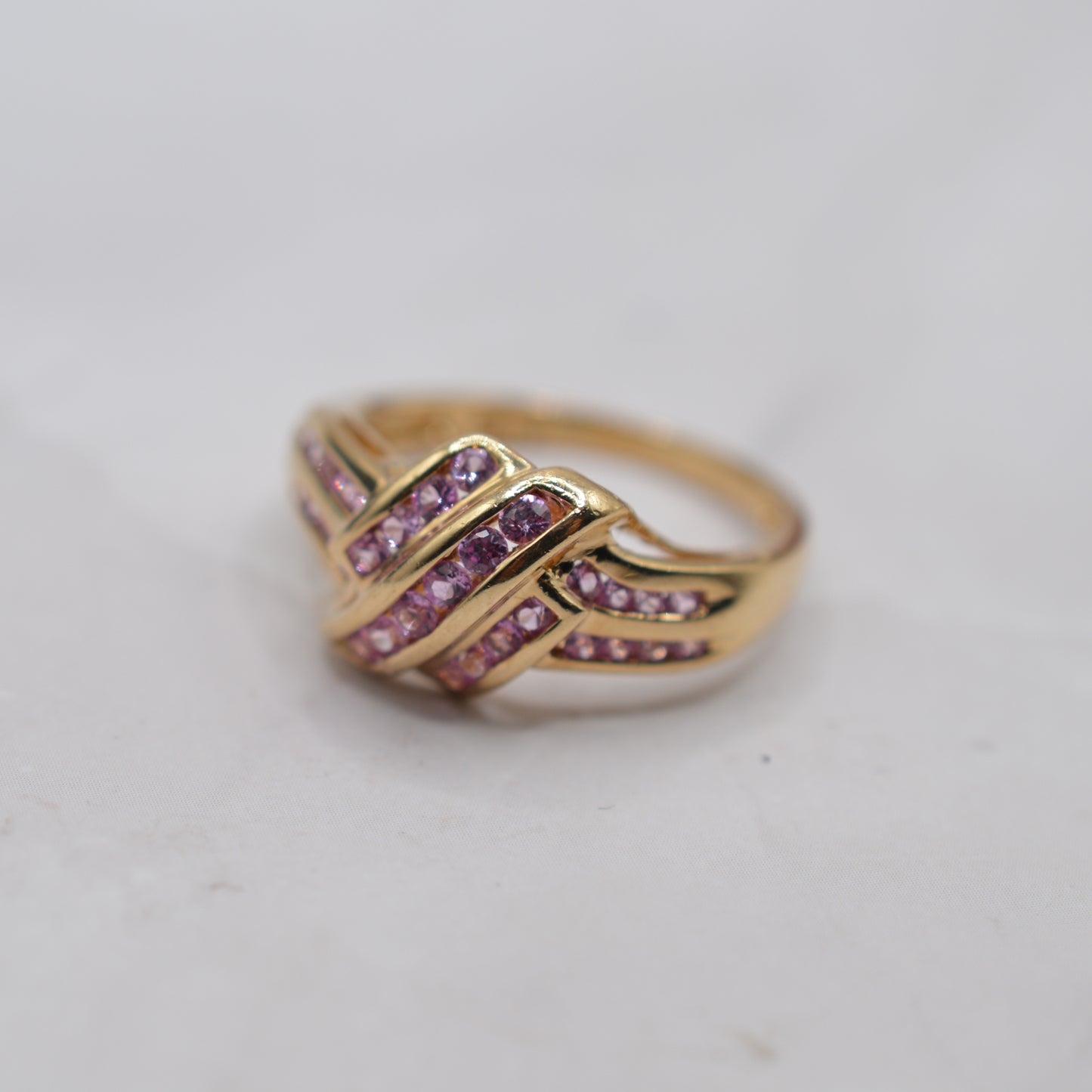 Y2K Chunky 9ct Gold Pink Topaz Crossover Ring