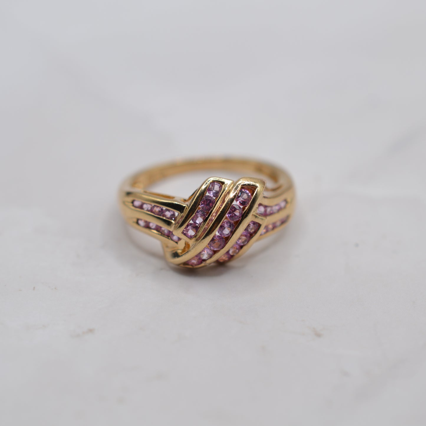 Y2K Chunky 9ct Gold Pink Topaz Crossover Ring