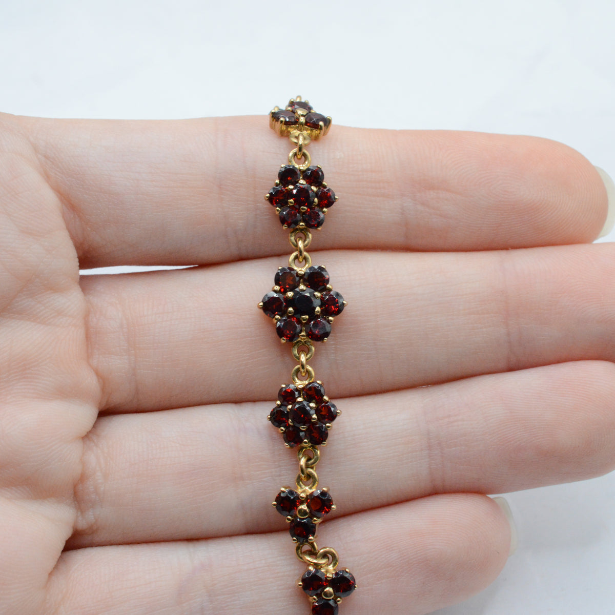 9ct Gold Garnet Floral Cluster Bracelet