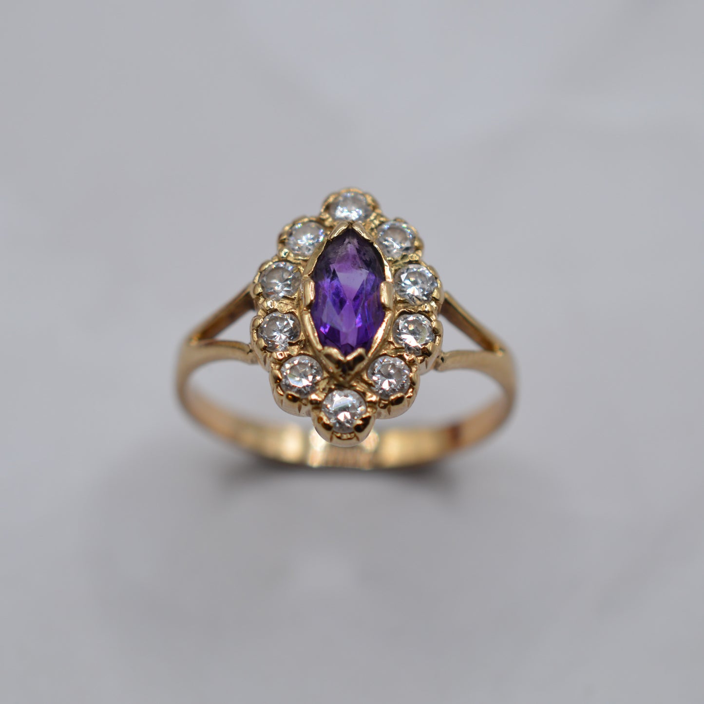 1990s Vintage 9ct Gold Amethyst & CZ Cluster Cocktail Ring