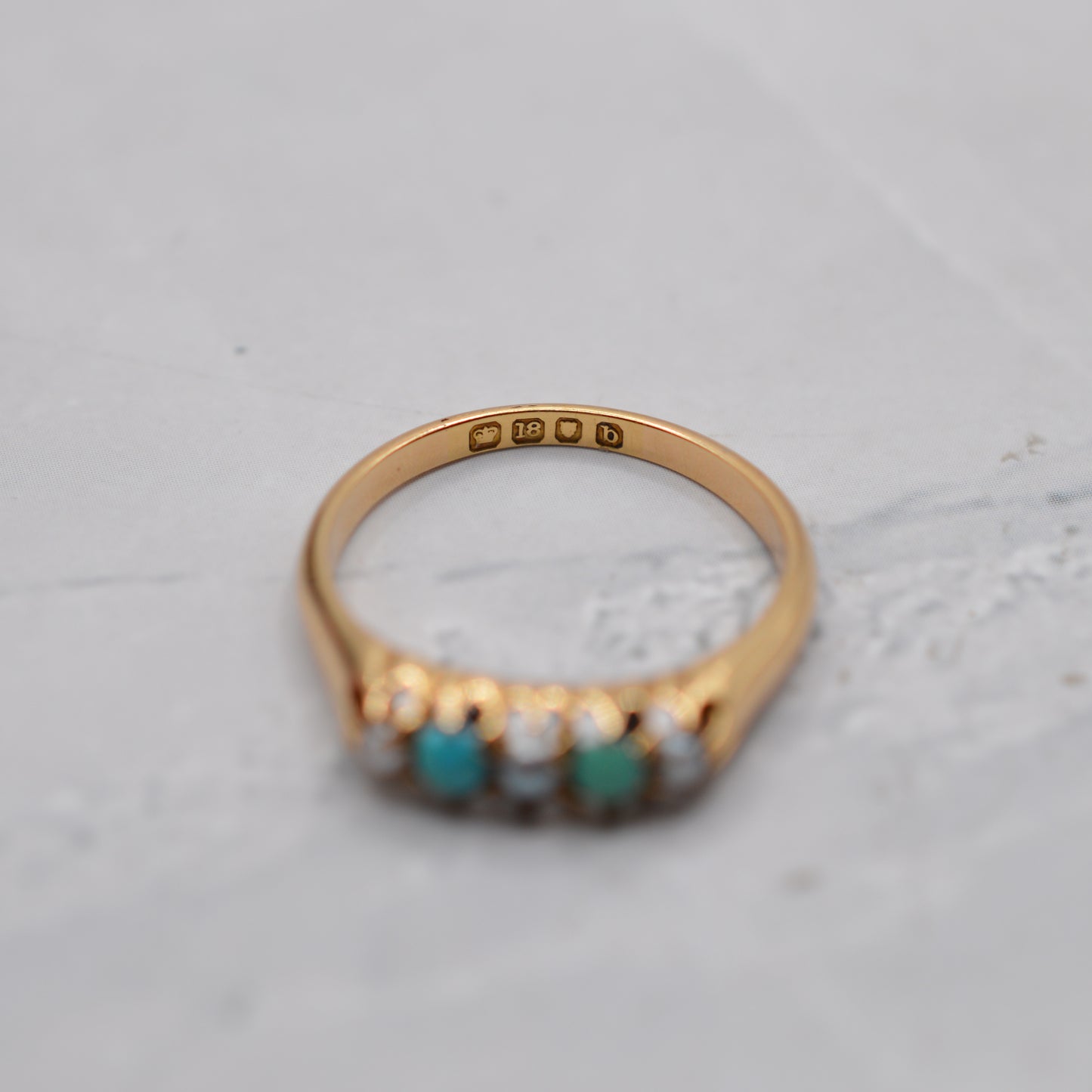 1897 Antique 18ct Gold Victorian Turquoise & Pearl Five-Stone Ring