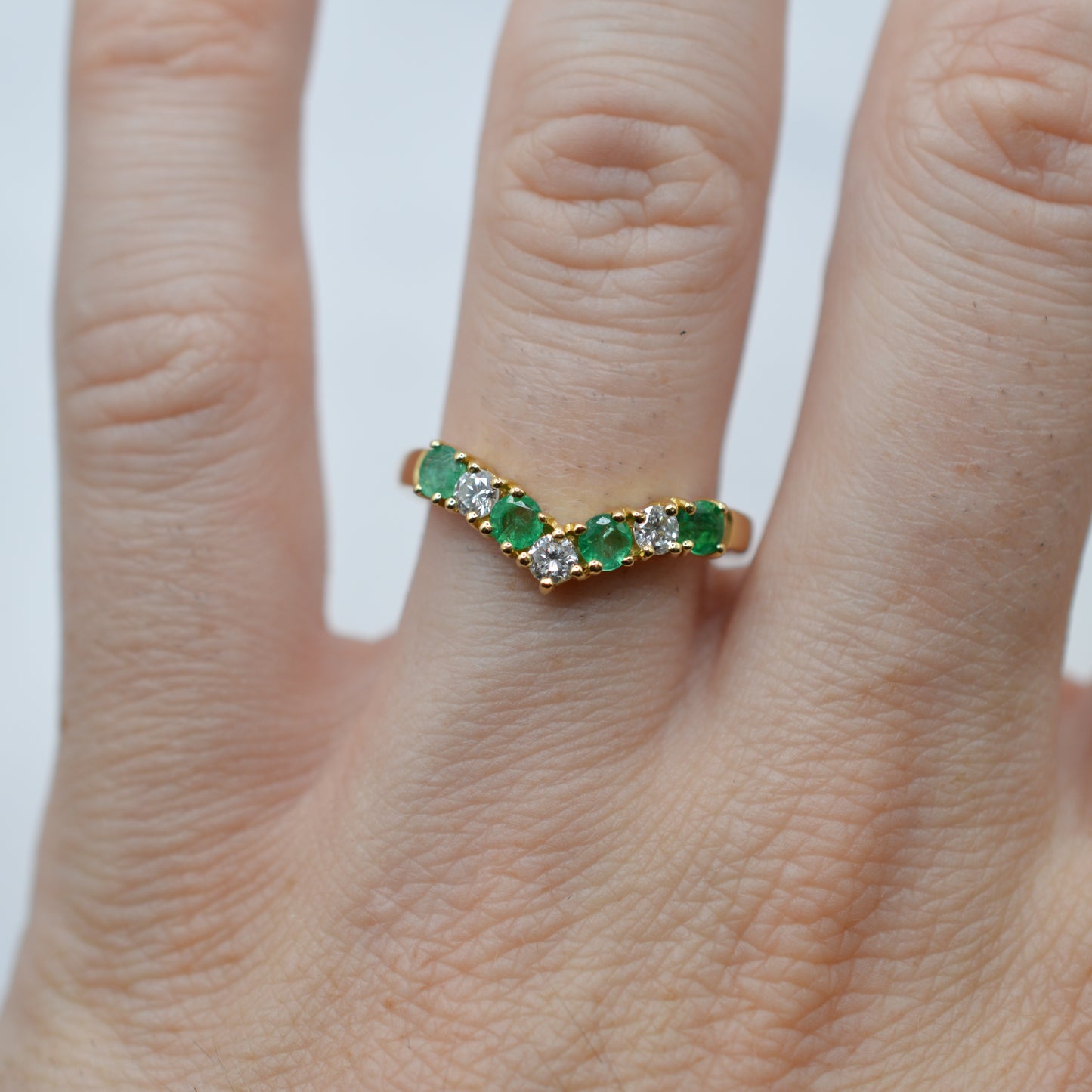 18ct Gold Emerald & Diamond Wishbone Ring