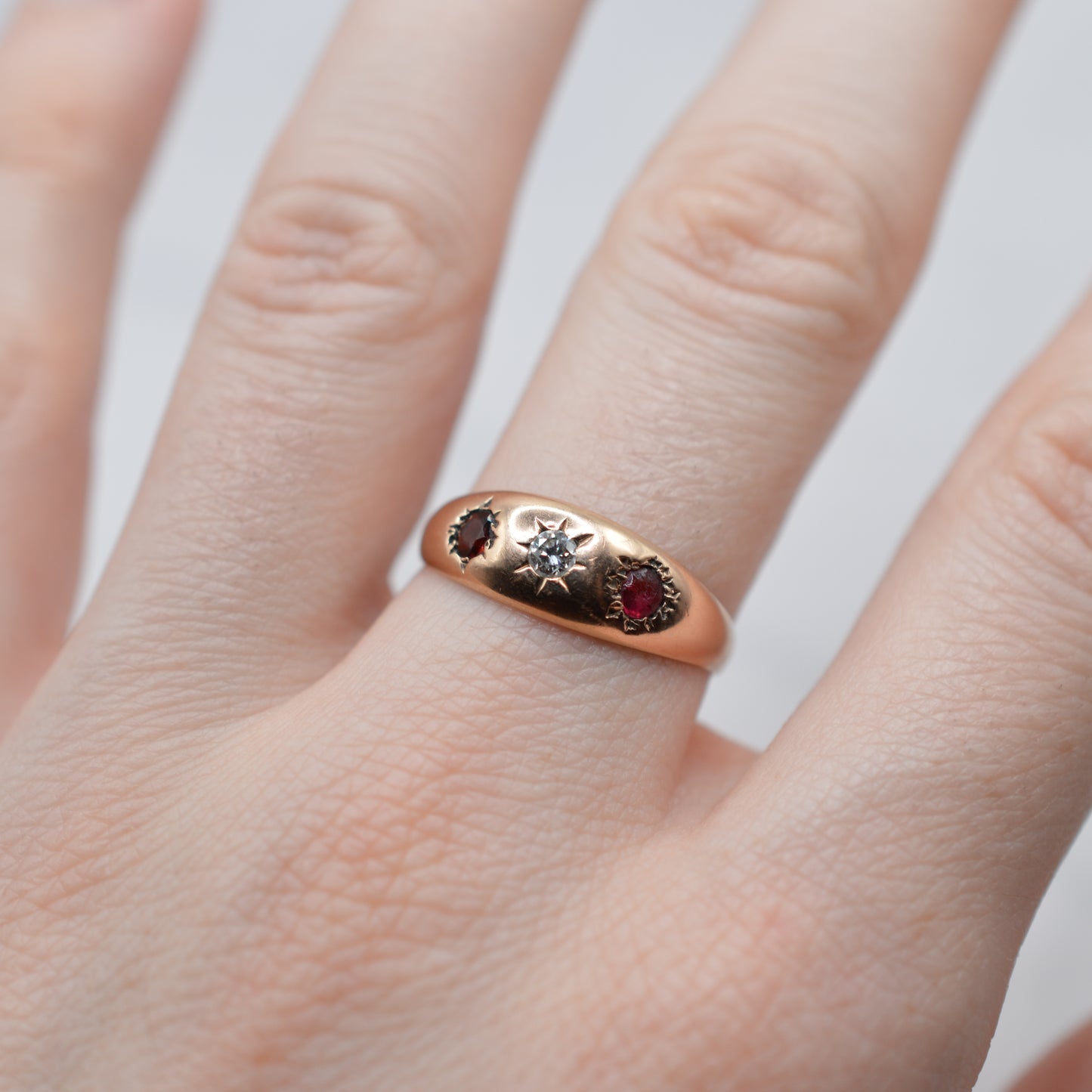 1907 Antique Edwardian 9ct Gold Diamond & Garnet Gypsy Ring