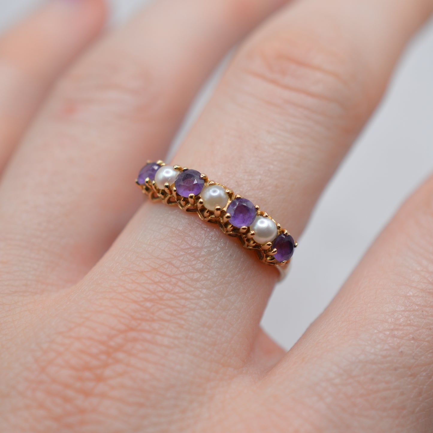 1990s 9ct Gold Amethyst & Pearl Half-Eternity Ring