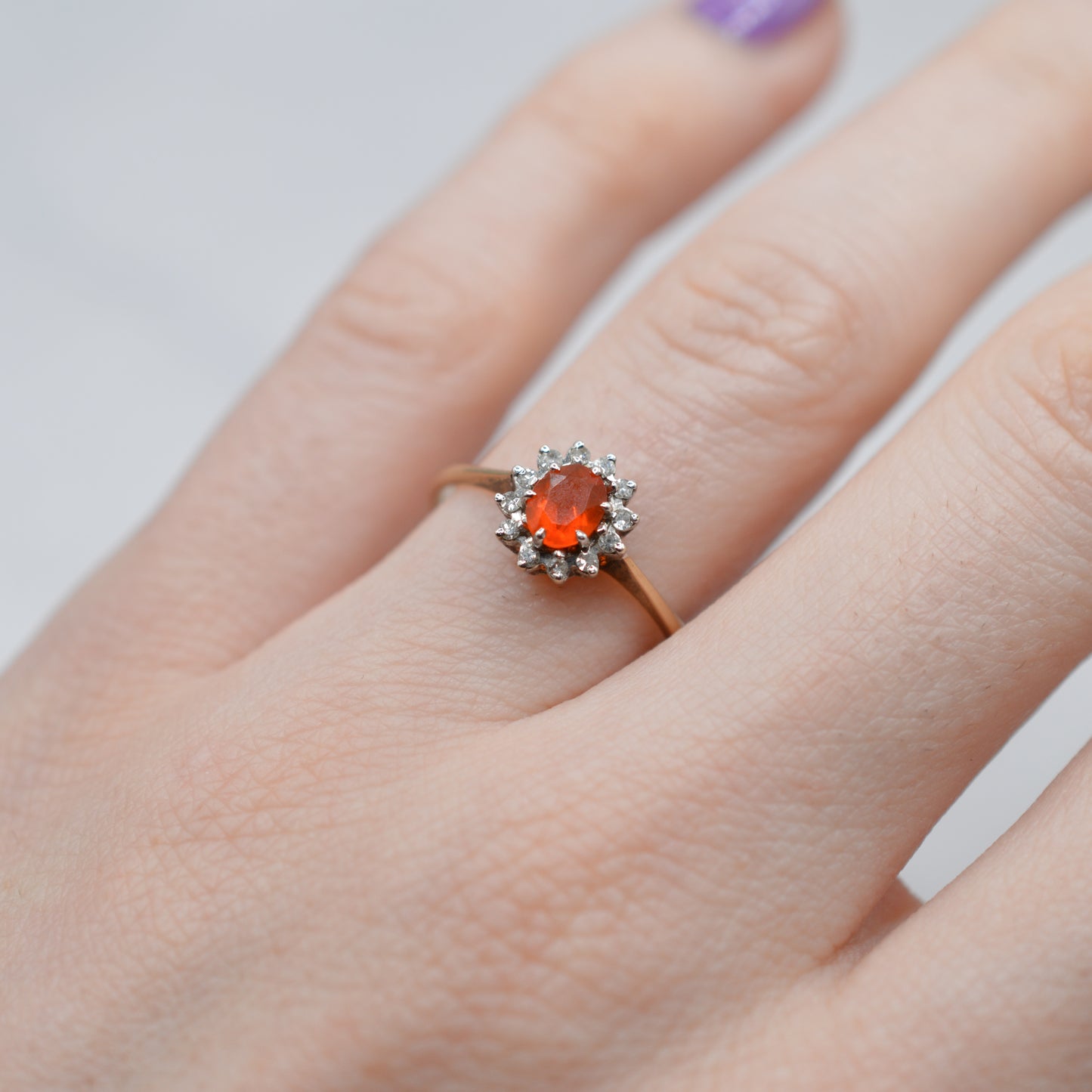 1980s 9ct Gold Fire Opal & Diamond Cluster Ring